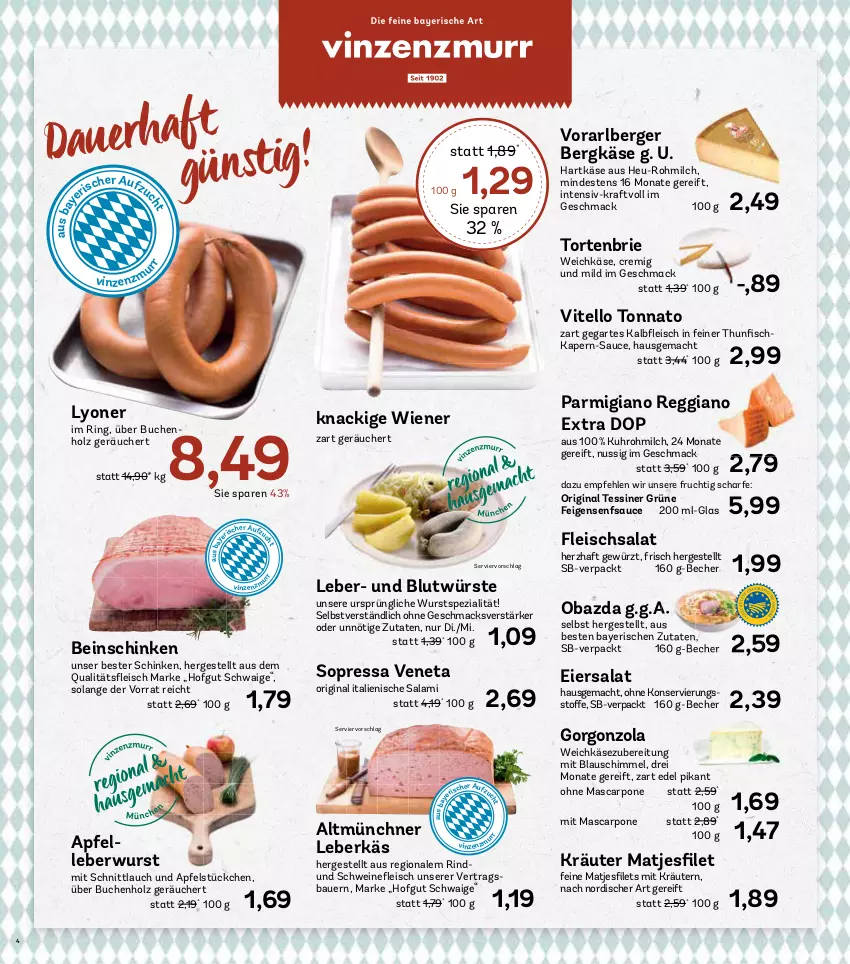 Aktueller Prospekt Aez - Prospekte - von 07.10 bis 12.10.2024 - strona 4 - produkty: apfel, auer, Bau, Bauer, Becher, Berger, Bergkäse, brie, buch, eier, eiersalat, eis, elle, Feigen, fleisch, fleischsalat, frucht, gewürz, gin, gorgonzola, hartkäse, Heu, hofgut, Holz, Käse, kraft, kräuter, kräutern, leberkäs, leberwurst, lyoner, mac, mascarpone, matjes, milch, nuss, obazda, parmigiano, parmigiano reggiano, reggiano, rind, ring, salami, salat, sauce, schinken, schnittlauch, schwein, schweine, senf, Spezi, Ti, torte, uhr, Vitello Tonnato, weichkäse, wein, weine, wiener, wurst, Yo