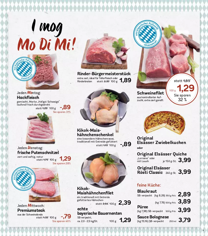 Aktueller Prospekt Aez - Prospekte - von 07.10 bis 12.10.2024 - strona 5 - produkty: auer, Bau, Bauer, bolognese, braten, eis, elle, ente, Germ, gin, hähnchenschenkel, henkel, hofgut, Kraut, küche, kuchen, Laufen, mais, Meister, natur, püree, pute, putenschnitzel, Quiche, rind, rinder, rinderbraten, saft, sauce, schenkel, schnitzel, schwein, schweine, steak, teller, Ti, trolli, wein, weine, zwiebel