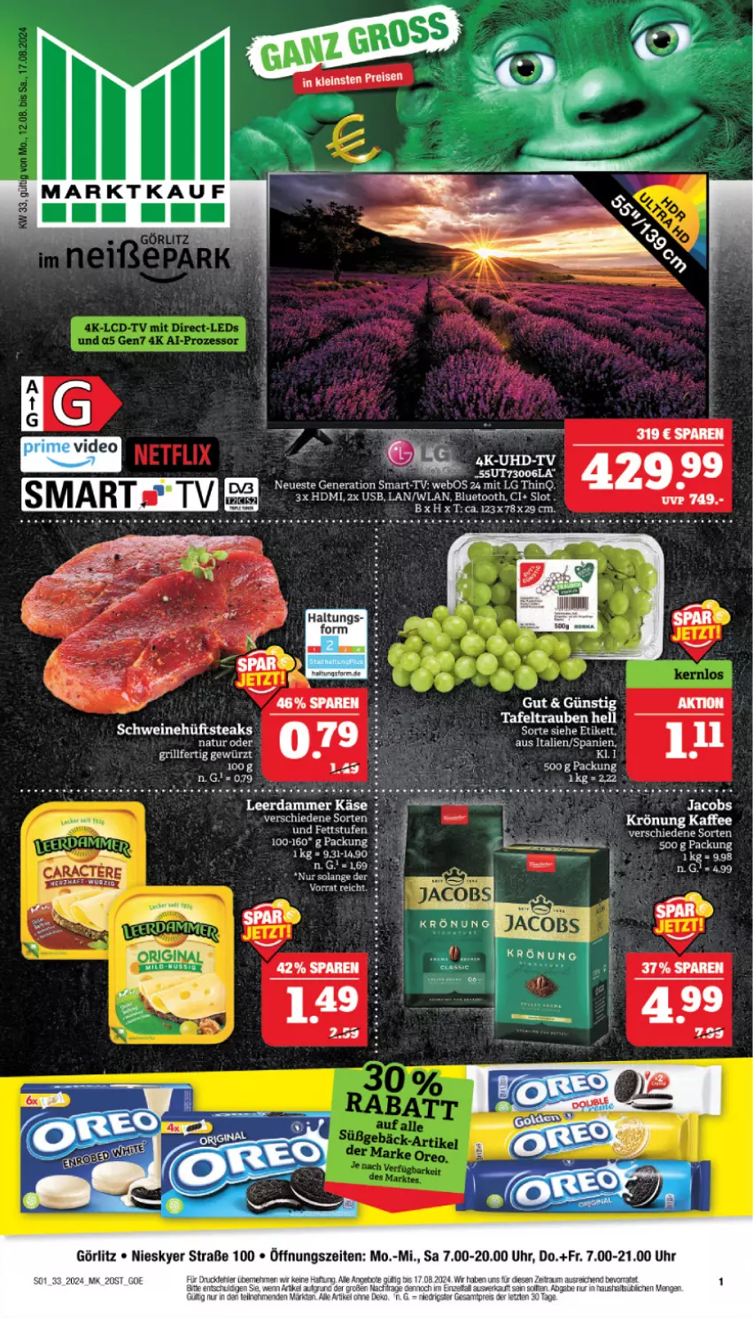 Aktueller Prospekt Marktkauf - Prospekt - von 11.08 bis 17.08.2024 - strona 1 - produkty: deo, elle, ente, Ergee, HDMI, hüftsteak, hüftsteaks, Käse, leerdammer, LG, natur, schwein, schweine, steak, steaks, tafeltrauben, tee, Ti, trauben, usb, wein, weine