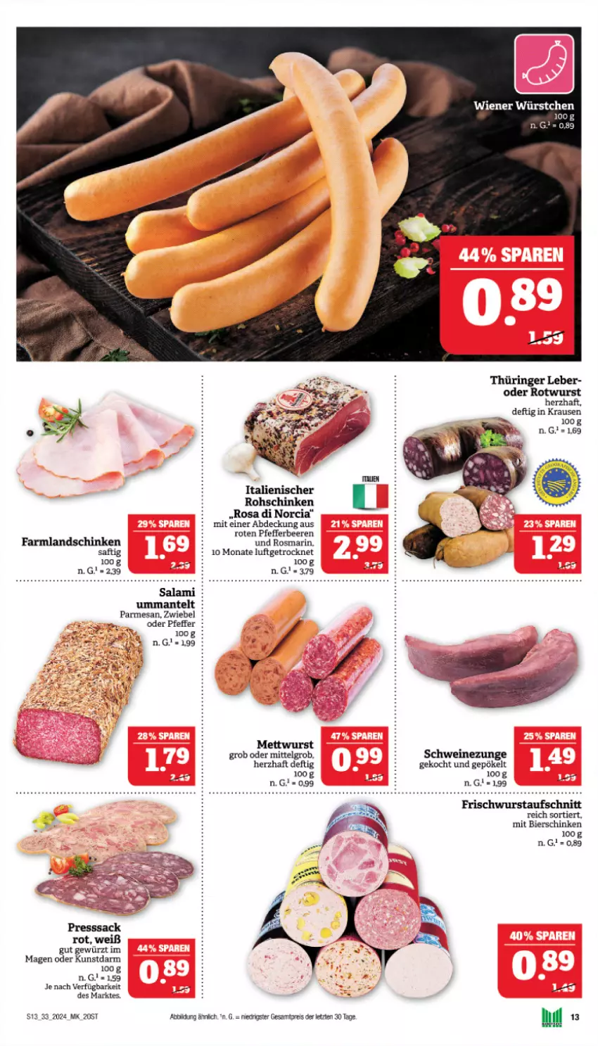 Aktueller Prospekt Marktkauf - Prospekt - von 11.08 bis 17.08.2024 - strona 13 - produkty: aufschnitt, beere, beeren, bier, bierschinken, eis, gewürz, landschinken, LG, Mantel, Mett, mettwurst, pfeffer, reis, ring, rohschinken, rosmarin, Rotwurst, saft, salami, schinken, schwein, schweine, Schweinezunge, Ti, wein, weine, wurst, ZTE, zwiebel