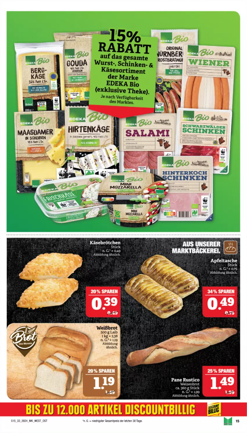 Aktueller Prospekt Marktkauf - Prospekt - von 11.08 bis 17.08.2024 - strona 15 - produkty: apfel, Apfeltasche, bio, brot, brötchen, discount, eis, gin, hirtenkäse, Käse, Maasdam, maasdamer, reis, schinken, Tasche, Ti, wurst, ZTE