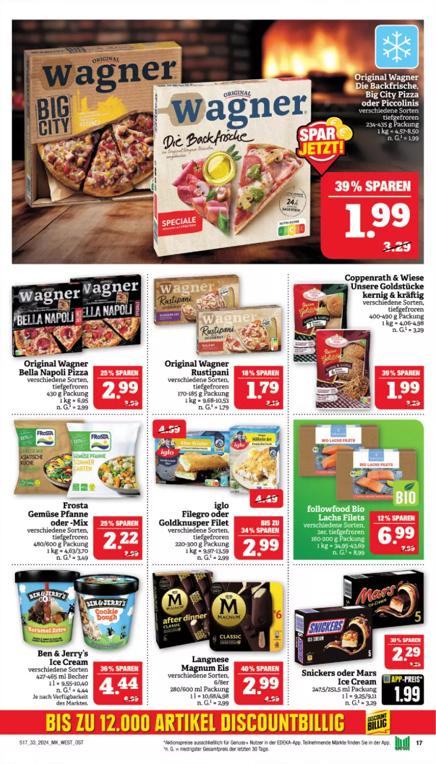 Aktueller Prospekt Marktkauf - Prospekt - von 11.08 bis 17.08.2024 - strona 17 - produkty: aktionspreis, Becher, bio, coppenrath, deka, eis, filegro, filet, filets, frosta, gin, Goldstücke, lachs, mars, nuss, original wagner, pfanne, pizza, reis, rel, rustipani, snickers, tee, Ti, wagner, ZTE