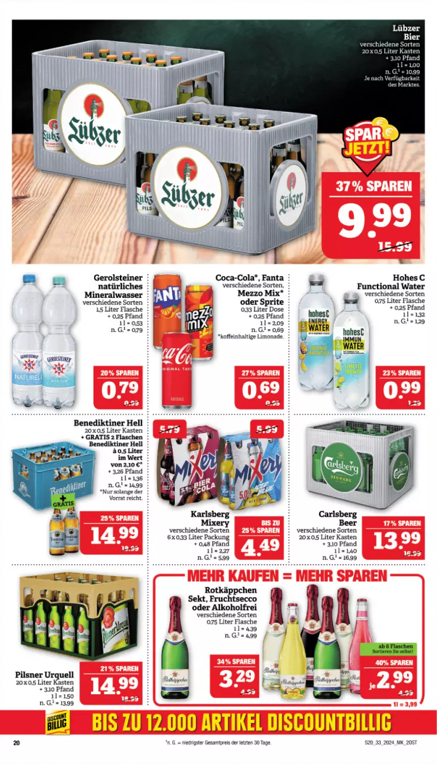 Aktueller Prospekt Marktkauf - Prospekt - von 11.08 bis 17.08.2024 - strona 20 - produkty: alkohol, Alwa, Benediktiner, carlsberg, coca-cola, cola, ecco, eis, fanta, flasche, frucht, fruchtsecco, gerolsteine, gerolsteiner, Hohes C, limo, limonade, Lübzer, Mezzo Mix, mineralwasser, oder sprite, pils, pilsner, pilsner urquell, reis, rotkäppchen, sekt, sprite, steiner, Ti, wasser, ZTE