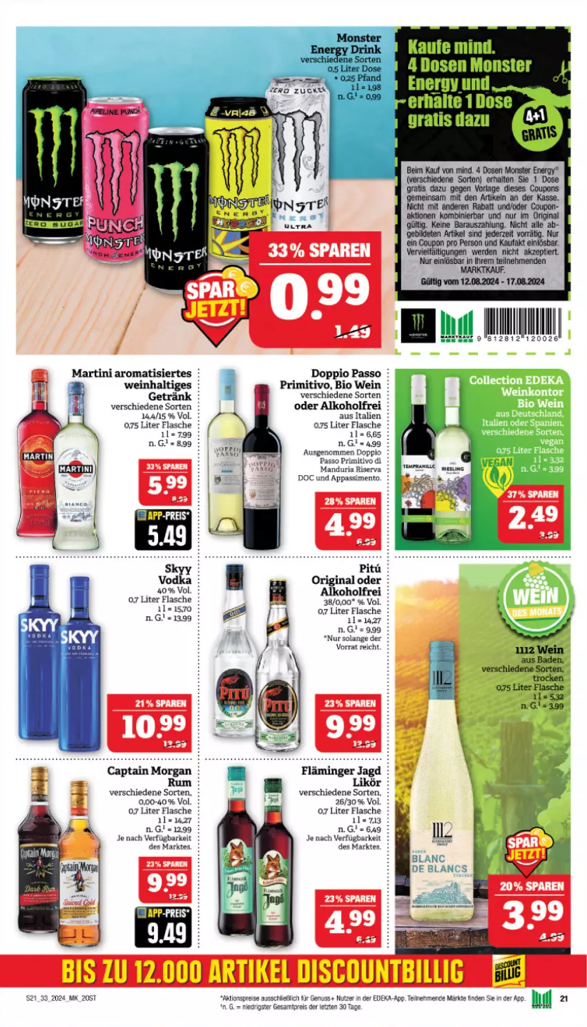 Aktueller Prospekt Marktkauf - Prospekt - von 11.08 bis 17.08.2024 - strona 21 - produkty: aktionspreis, alkohol, bio, Cap, captain morgan, deka, doppio passo, drink, eis, flasche, gin, likör, monster, nuss, passo, primitivo, reis, Ria, riserva, sim, Ti, wein, ZTE, zucker