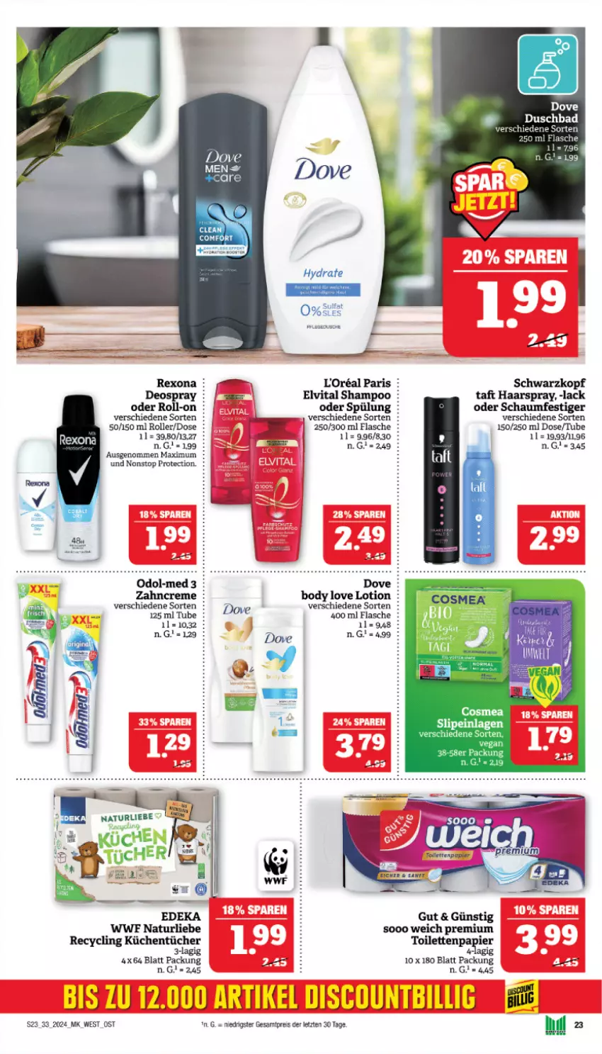 Aktueller Prospekt Marktkauf - Prospekt - von 11.08 bis 17.08.2024 - strona 23 - produkty: body, Clin, cosmea, creme, deka, deo, deospray, dove, dusche, eis, elvital, flasche, haarspray, lack, Lotion, natur, oder schaumfestiger, Odol, papier, reis, rexona, roll-on, Roller, schaumfestiger, schwarzkop, schwarzkopf, shampoo, slip, slipeinlagen, spülung, Taft, Ti, vita, zahncreme, ZTE