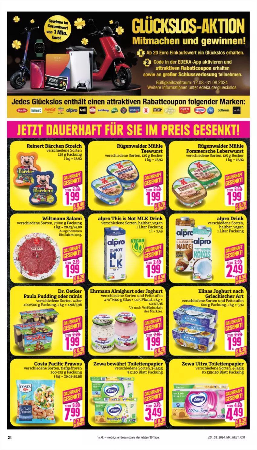 Aktueller Prospekt Marktkauf - Prospekt - von 11.08 bis 17.08.2024 - strona 24 - produkty: alpro, Becher, bio, coupon, deka, Dr. Oetker, drink, eis, elinas, elinas joghurt, joghur, joghurt, joghurt nach, leberwurst, LG, mac, papier, Paula, paula pudding, Pommersche, pudding, reinert, reis, rügenwalder, rügenwalder mühle, salami, tee, teewurst, Ti, toilettenpapier, wiltmann, wurst, zewa, ZTE