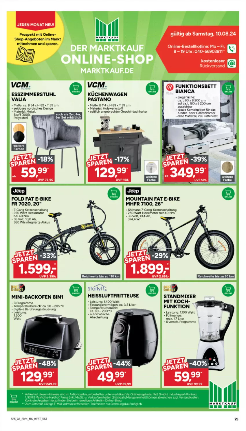 Aktueller Prospekt Marktkauf - Prospekt - von 11.08 bis 17.08.2024 - strona 25 - produkty: akku, angebot, angebote, auto, backofen, bett, E-Bike, eis, elle, Esszimmer, fritteuse, geschirr, geschirrtuch, Holz, Kette, Kinder, küche, Küchen, latte, lattenrost, matratze, Mixer, Ofen, ohne matratze, pasta, Ria, Schal, shimano, standmixer, stuhl, Ti, tisch, tuc, uhr