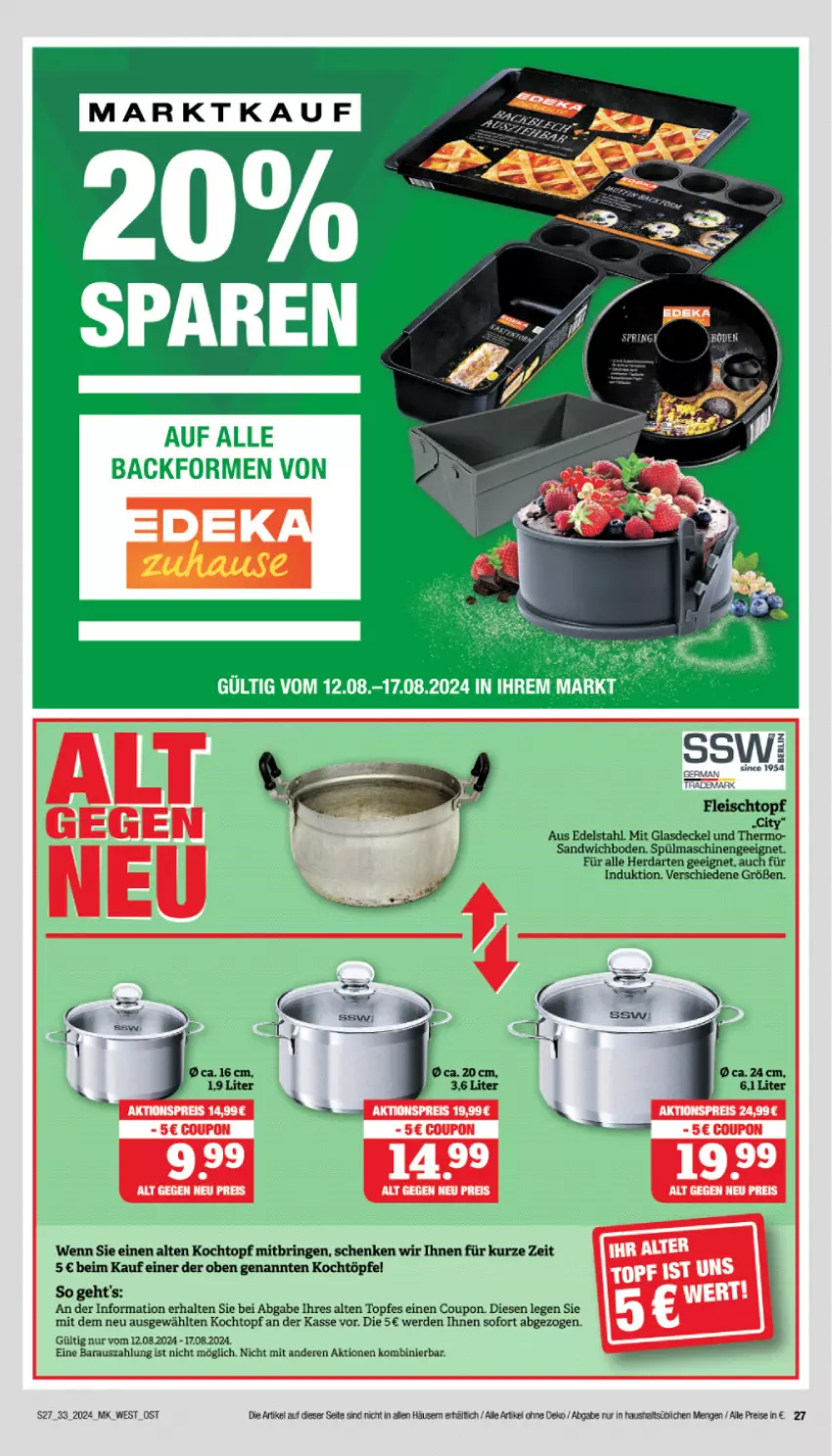 Aktueller Prospekt Marktkauf - Prospekt - von 11.08 bis 17.08.2024 - strona 27 - produkty: coupon, decke, Deckel, edelstahl, eis, erde, fleisch, Fleischtopf, Glasdeckel, herdarten, Kochtopf, reis, ring, sandwich, spülmaschinen, Ti, topf