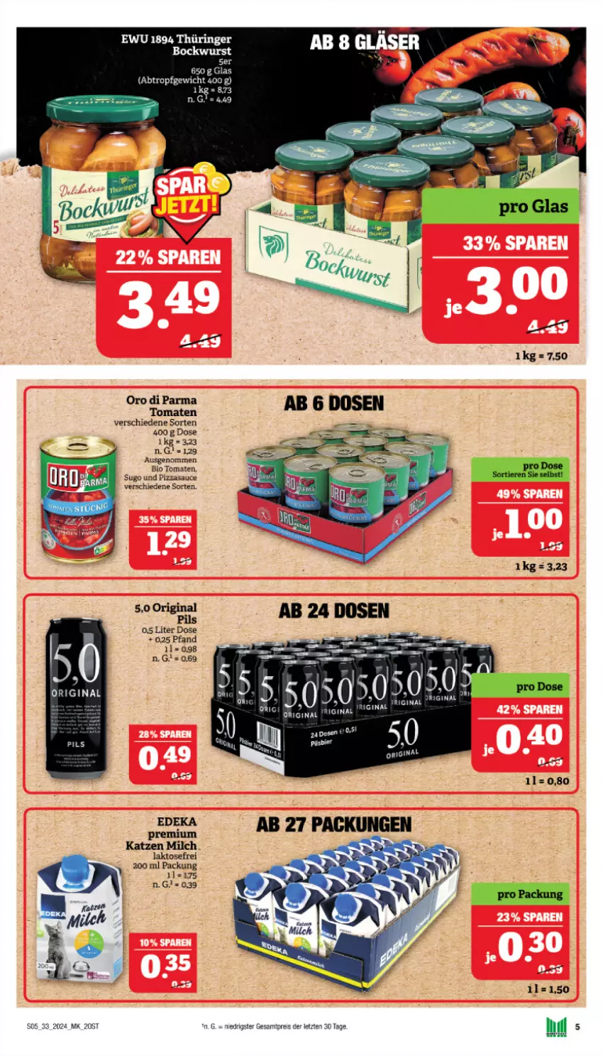 Aktueller Prospekt Marktkauf - Prospekt - von 11.08 bis 17.08.2024 - strona 5 - produkty: bier, bio, bockwurst, deka, eis, gin, milch, oro di parma, pils, pizza, reis, ring, sauce, Sugo, tomate, tomaten, wurst, ZTE