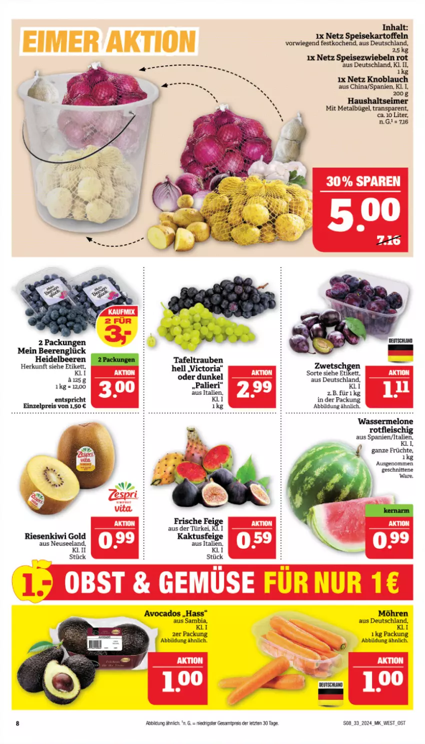 Aktueller Prospekt Marktkauf - Prospekt - von 11.08 bis 17.08.2024 - strona 8 - produkty: ambia, avocado, avocados, beere, beeren, bügel, eimer, eis, Elan, früchte, heidelbeere, heidelbeeren, kartoffel, kartoffeln, kiwi, Kiwi Gold, knoblauch, melone, möhren, reis, Ria, schnitten, speisekartoffeln, Speisezwiebeln, tafeltrauben, Ti, trauben, wasser, wassermelone, ZTE, zwiebel, zwiebeln