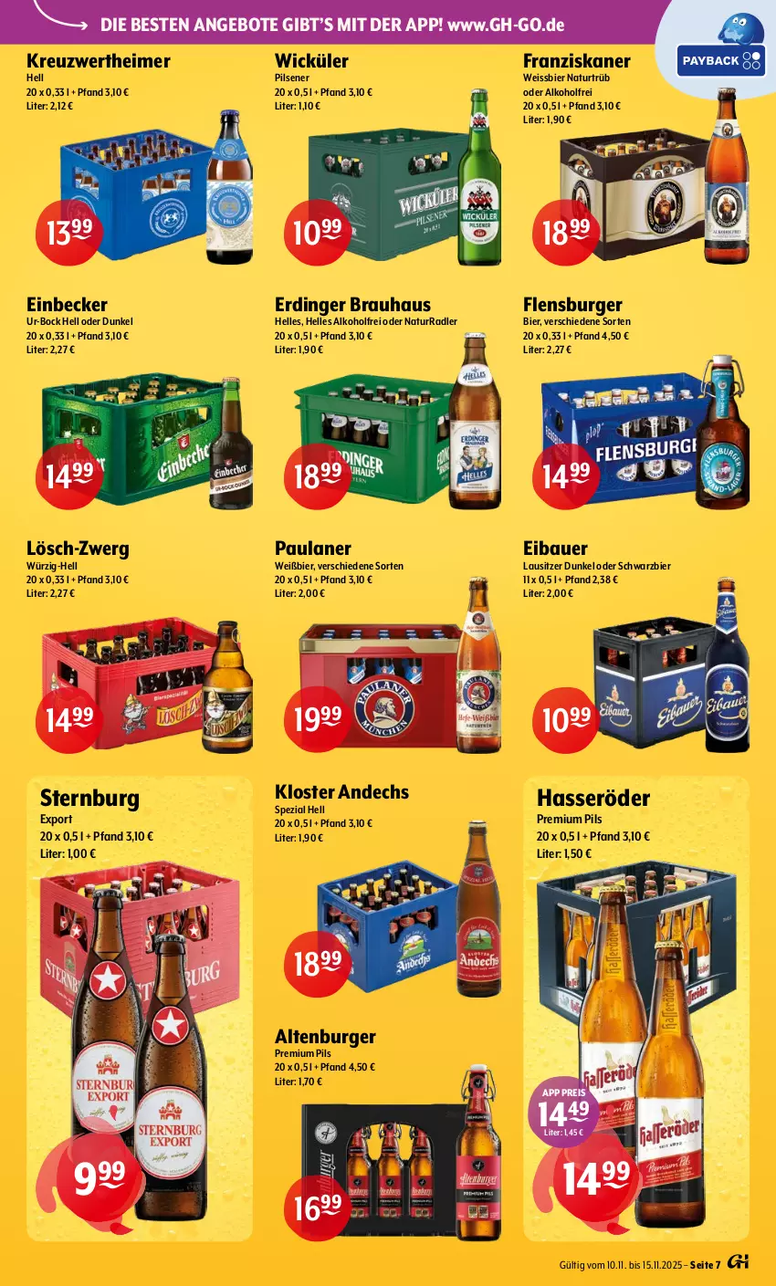 Aktueller Prospekt Getraenke Hoffmann - Prospekte - von 10.11 bis 15.11.2025 - strona 7 - produkty: alkohol, altenburger, angebot, angebote, auer, Bau, Bauer, bier, burger, eimer, eis, elle, erdinger, flensburger, franziskaner, hasseröder, Kloster Andechs, natur, Paula, paulaner, pils, pilsener, premium pils, radler, reis, Spezi, Sternburg, Ti, weissbier, WICK