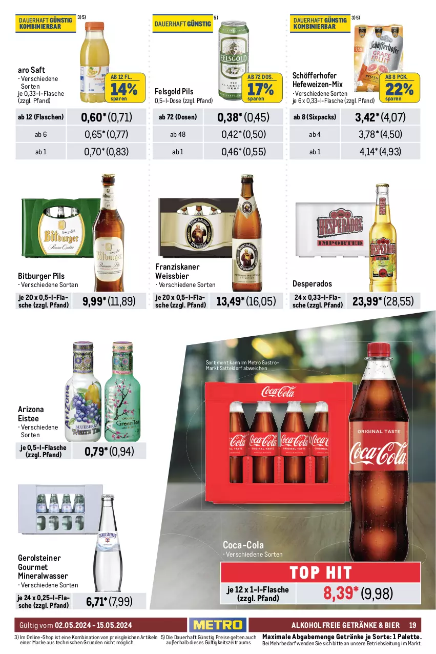 Aktueller Prospekt Metro - GastroJournal - von 02.05 bis 15.05.2024 - strona 19 - produkty: alkohol, alkoholfreie getränke, Alwa, auer, beutel, bier, bitburger, bitburger pils, bohne, bohnen, burger, caffè crema, Cap, cappuccino, cin, coca-cola, cola, desperados, eis, eistee, ente, flasche, franziskaner, gerolsteine, gerolsteiner, getränk, getränke, Hefe, hefeweizen, jacobs, jacobs krönung, kaffee, kakao, kräuter, lavazza, melitta, Meßmer, Metro, metro gastro, mineralwasser, Palette, pils, reis, rioba, ritter, ritter sport, saft, sattel, schöfferhofer, schoko, Sport, steiner, studentenfutter, tee, Ti, wasser, weissbier, ZTE