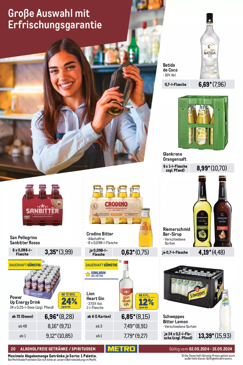 Aktueller Prospekt Metro - GastroJournal - von 02.05 bis 15.05.2024 - strona 20 - produkty: alkohol, alkoholfreie getränke, asbach uralt, auer, batida, bitter lemon, campari, drink, eis, elle, energy drink, Fernet, fernet branca, flasche, getränk, getränke, gin, johnnie walker, krone, limo, lion, Metaxa, orange, orangen, orangensaft, Palette, reis, saft, sambuca, san pellegrino, schweppes, Sierra, sierra tequila, sirup, spirituosen, tequila, Ti, wein, weinbrand