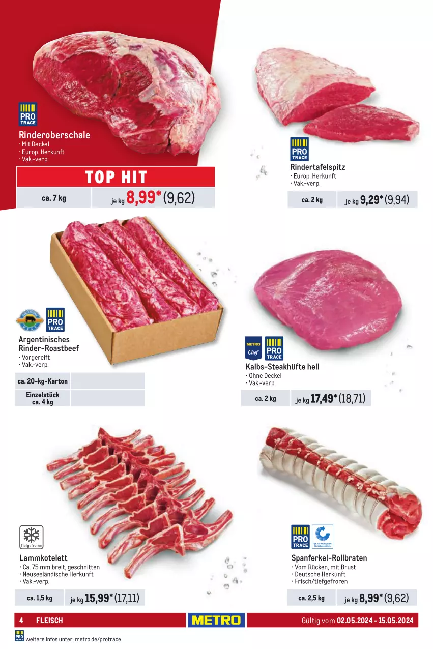 Aktueller Prospekt Metro - GastroJournal - von 02.05 bis 15.05.2024 - strona 4 - produkty: beef, braten, Brei, decke, Deckel, eis, fleisch, kotelett, lamm, lammkotelett, Metro, rind, rinder, roastbeef, rollbraten, Schal, Schale, schnitten, steak, steakhüfte, tafelspitz, Ti