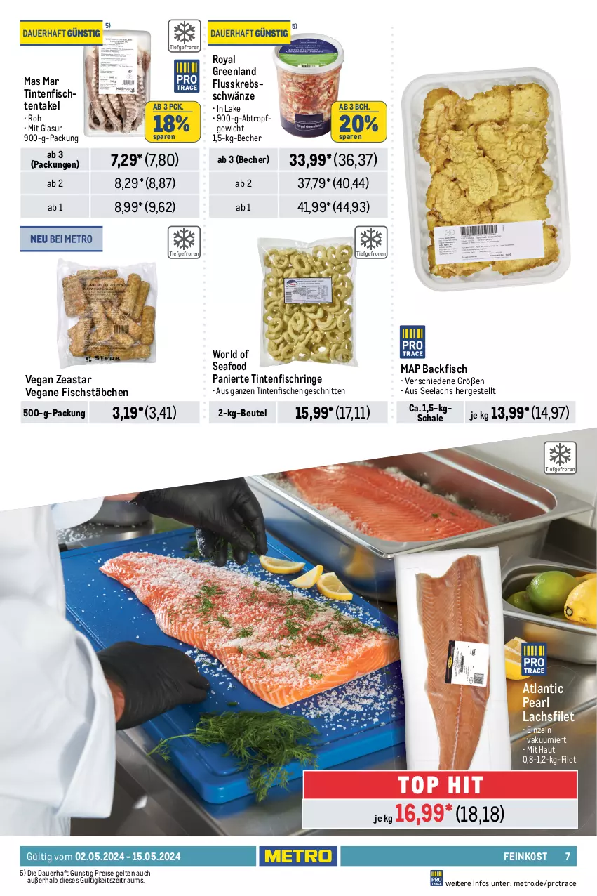 Aktueller Prospekt Metro - GastroJournal - von 02.05 bis 15.05.2024 - strona 7 - produkty: Abtei, angebot, angebote, aqua, auer, backfisch, Becher, beutel, cin, eis, elle, feinkost, filet, fisch, fische, fischstäbchen, fleisch, frischfisch, kabeljaufilet, Krebs, lachs, lachsfilet, Metro, Ragout, reis, ring, rwe, Schal, Schale, schnitten, Ti, Tintenfischringe, Wild