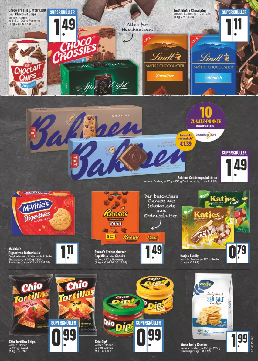 Aktueller Prospekt E Center - Angebote der Woche - von 12.09 bis 17.09.2022 - strona 21 - produkty: after eight, bahlsen, beutel, butter, chips, choco crossies, cola, crossies, erdnuss, Erdnussbutter, gin, katjes, lindt, milch, nuss, schoko, schokolade, snack, snacks, Spezi, Ti, wasa