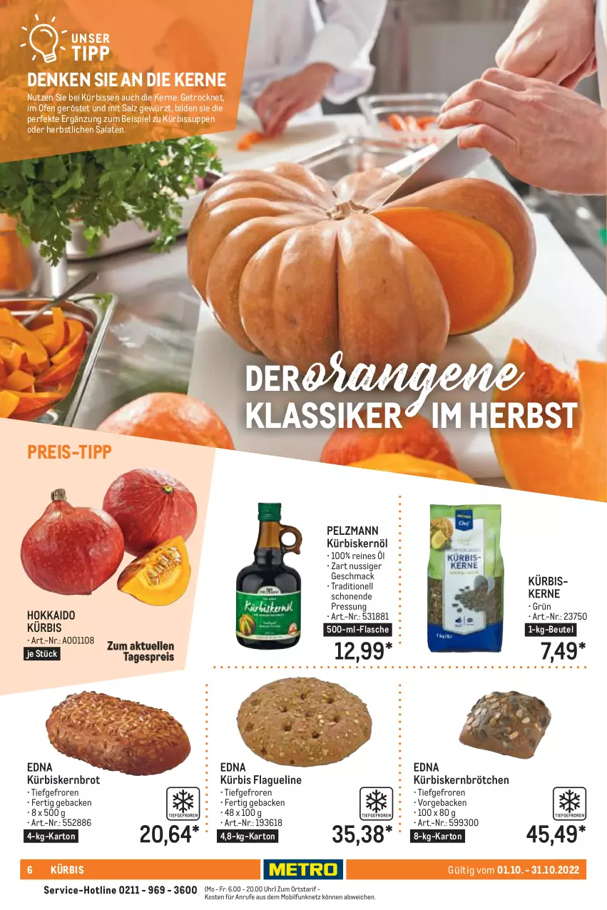 Aktueller Prospekt Metro - Lieferservice Aktuell - von 01.10 bis 31.10.2022 - strona 6 - produkty: beutel, brot, brötchen, eis, elle, flasche, geback, gewürz, Kürbis, Kürbiskernbrötchen, kürbiskerne, Kürbiskernöl, mac, nuss, Ofen, orange, orangen, reis, salat, salate, salz, suppe, suppen, Ti, uhr