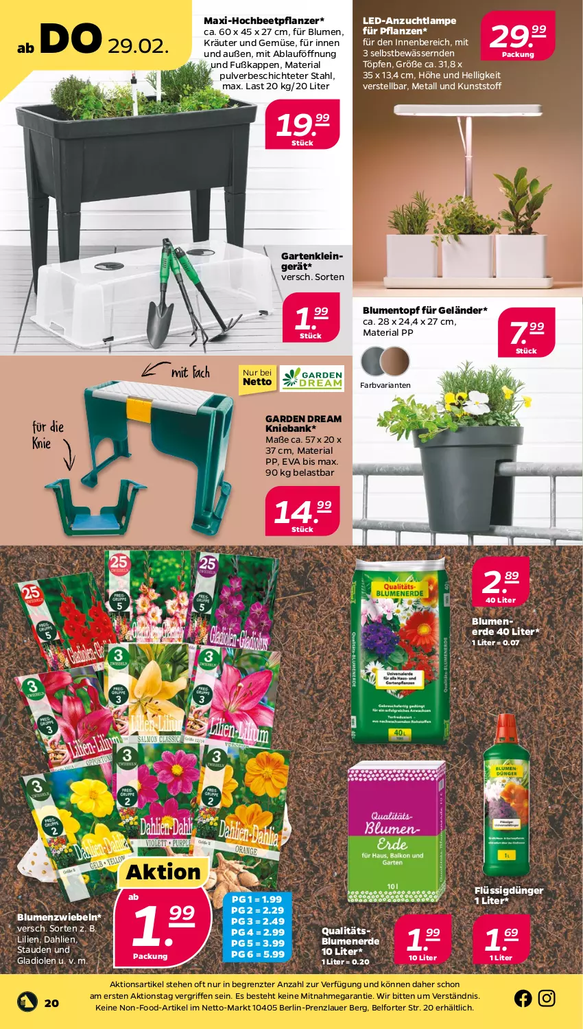 Aktueller Prospekt Netto - Woche 9 - von 26.02 bis 02.03.2024 - strona 20 - produkty: auer, Bank, blume, blumen, blumenerde, dahlie, dünger, erde, flüssigdünger, Garten, Gladiolen, kräuter, Lampe, pflanze, pflanzen, Ria, stauden, Ti, topf, und gemüse, ZTE, zwiebel, zwiebeln