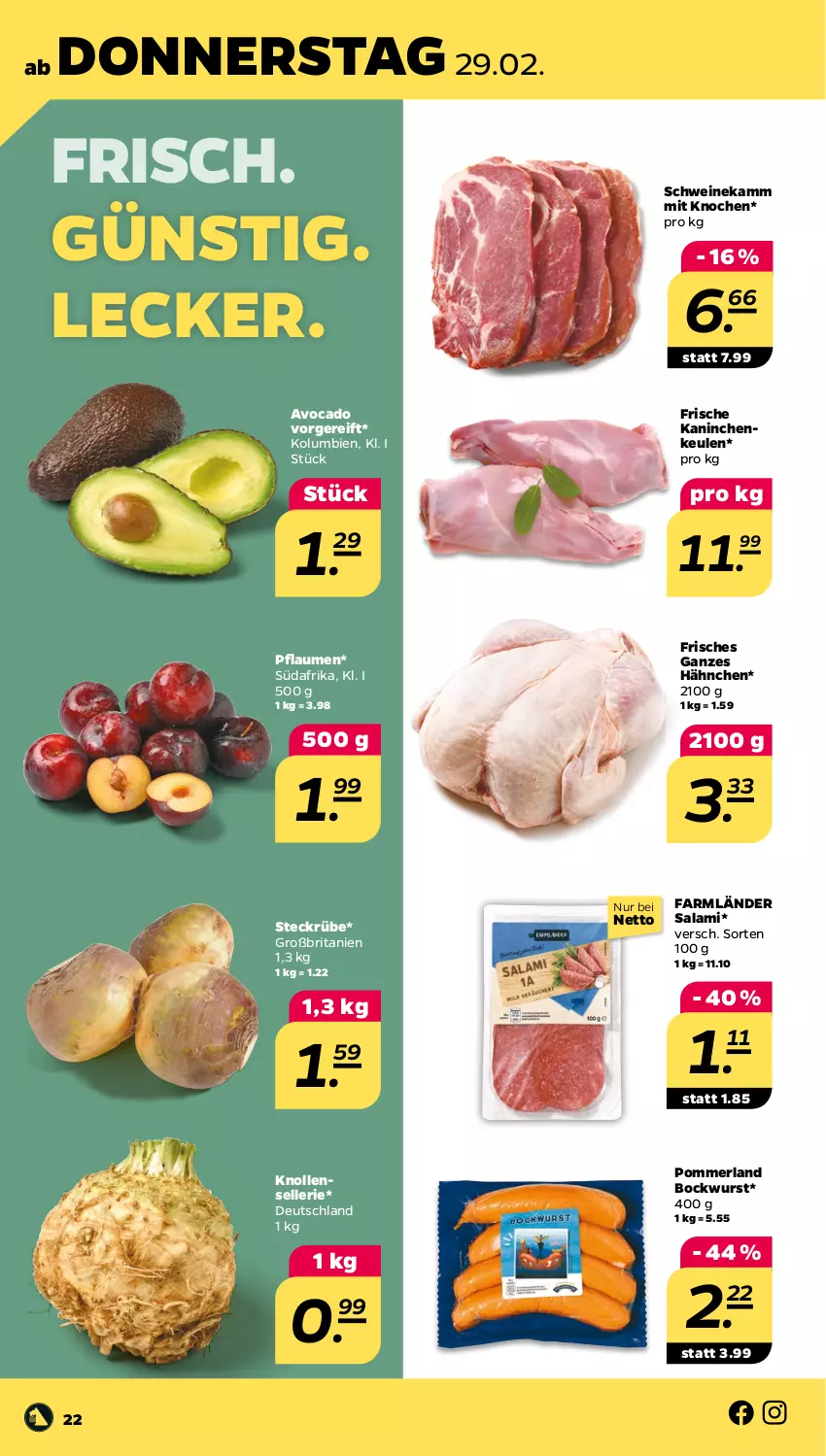 Aktueller Prospekt Netto - Woche 9 - von 26.02 bis 02.03.2024 - strona 22 - produkty: avocado, bockwurst, brita, elle, Kaninchenkeule, merl, pflaume, pflaumen, salami, schwein, schweine, Ti, wein, weine, wurst