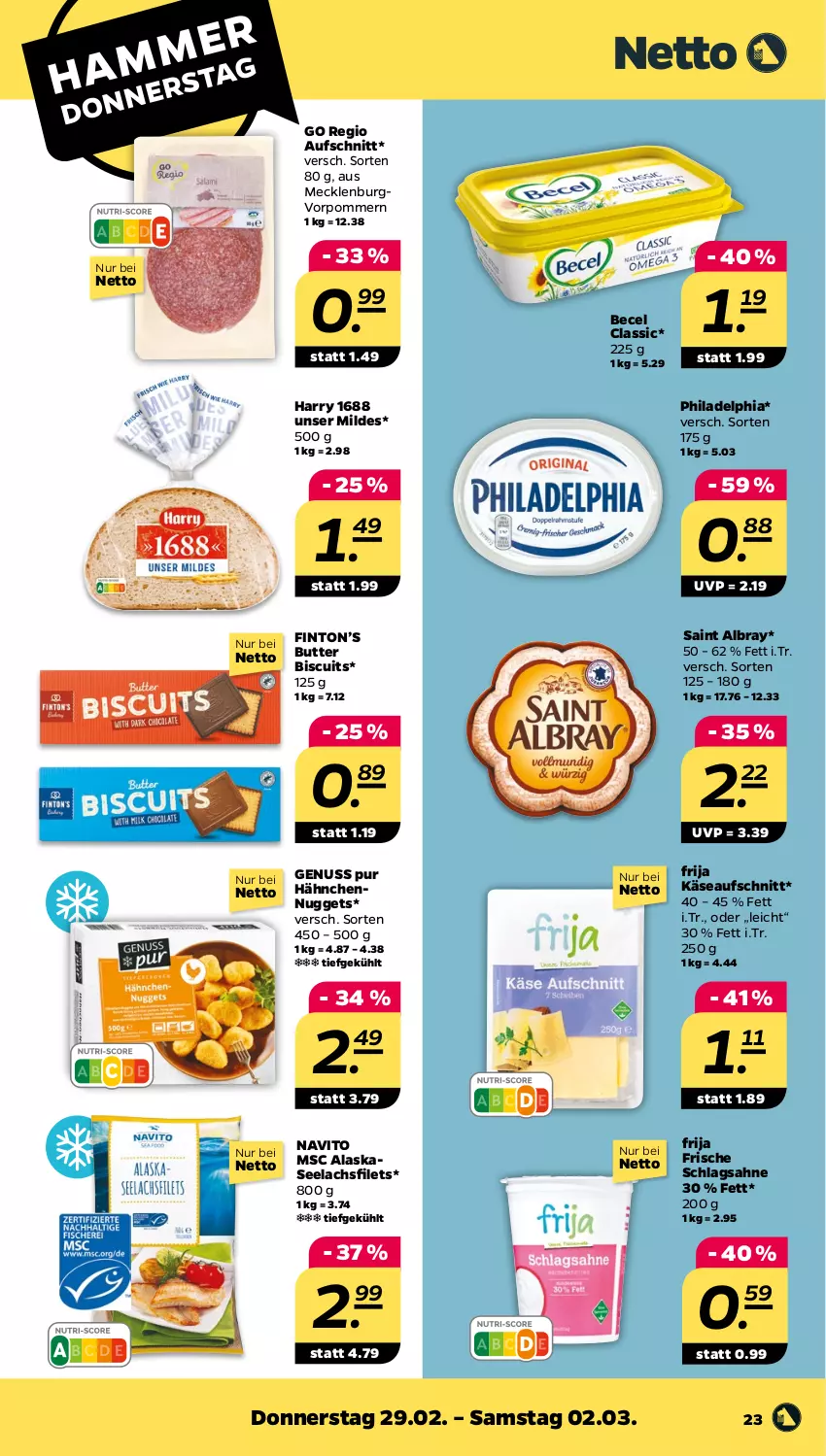 Aktueller Prospekt Netto - Woche 9 - von 26.02 bis 02.03.2024 - strona 23 - produkty: albray, aufschnitt, becel, butter, filet, filets, Käse, lachs, lachsfilet, lachsfilets, nuggets, nuss, philadelphia, sahne, saint albray, schlagsahne, seelachsfilet, Ti