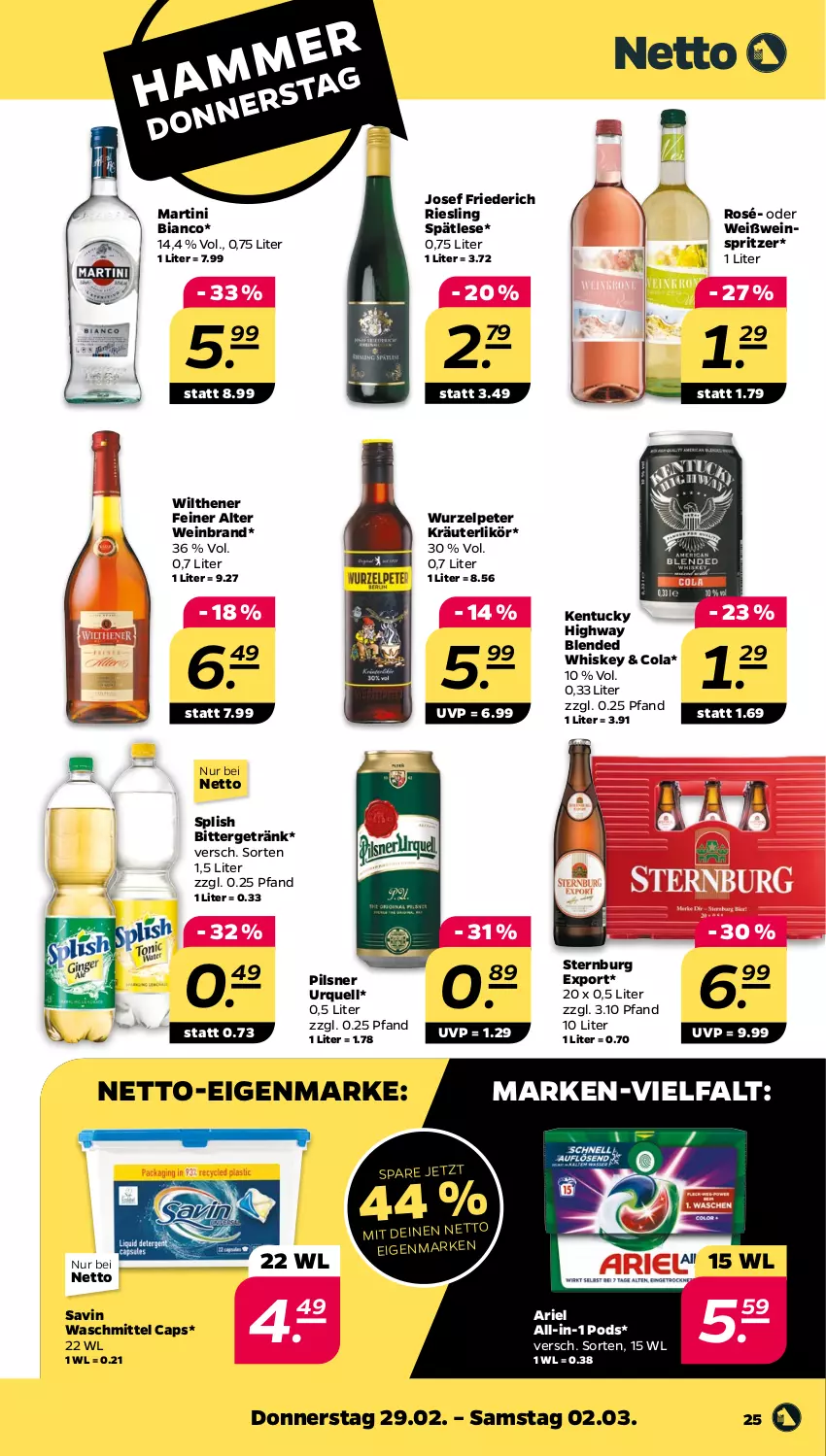 Aktueller Prospekt Netto - Woche 9 - von 26.02 bis 02.03.2024 - strona 25 - produkty: ariel, Cap, cola, getränk, kräuter, kräuterlikör, likör, martini, pils, pilsner, pilsner urquell, Pods, riesling, Sternburg, Ti, tuc, waschmittel, wein, weinbrand, Weißwein, whiskey, wilthener