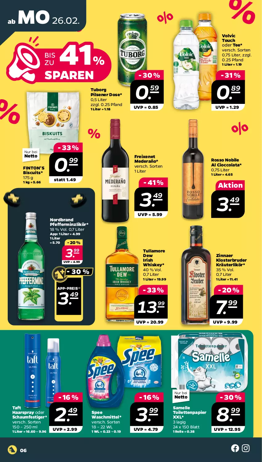 Aktueller Prospekt Netto - Woche 9 - von 26.02 bis 02.03.2024 - strona 6 - produkty: cola, eis, elle, freixenet, haarspray, irish whiskey, kräuter, kräuterlikör, likör, nordbrand, oder schaumfestiger, papier, pfeffer, pfefferminzlikör, pils, pilsener, reis, schaumfestiger, spee, Taft, tee, Ti, toilettenpapier, tullamore, tullamore dew, volvic, waschmittel, whiskey