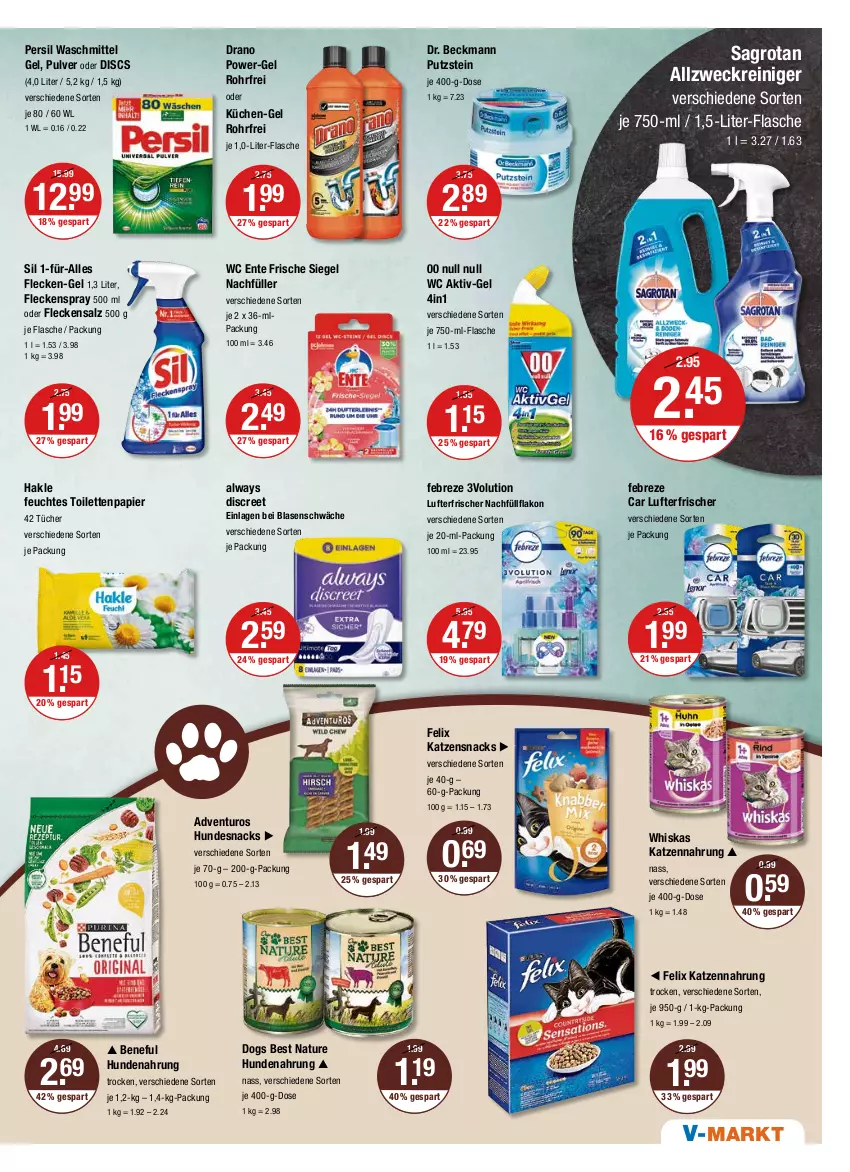 Aktueller Prospekt Vmarkt - V-Markt - von 31.03 bis 06.04.2022 - strona 11 - produkty: adventuros, allzweckreiniger, Alwa, Always, Discreet, Dr. Beckmann, ente, febreze, felix, feuchtes toilettenpapier, flasche, hakle, hundenahrung, hundesnack, hundesnacks, katzennahrung, katzensnack, katzensnacks, küche, Küchen, lufterfrischer, natur, papier, persil, persil waschmittel, power-gel, reiniger, sagrotan, salz, snack, snacks, Ti, toilettenpapier, tücher, waschmittel, wc ente, weck, whiskas