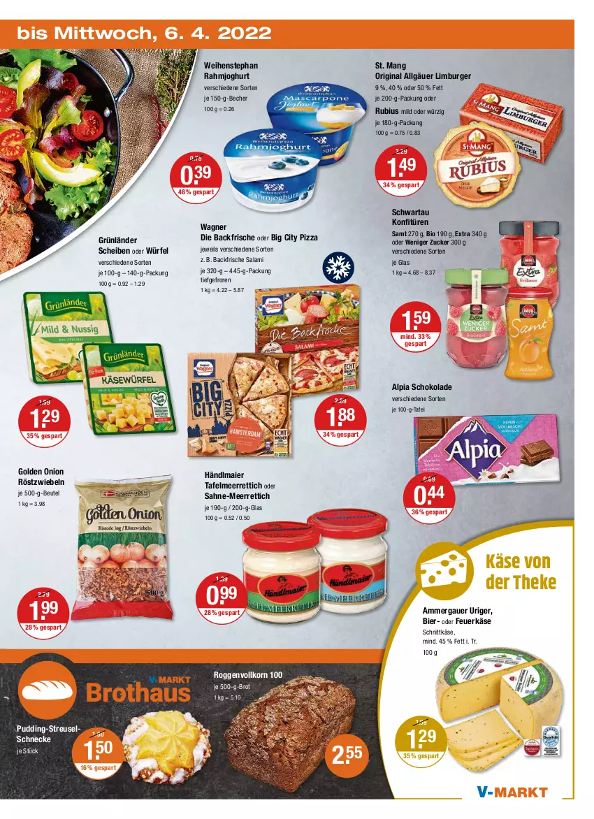 Aktueller Prospekt Vmarkt - V-Markt - von 31.03 bis 06.04.2022 - strona 23 - produkty: alpia, auer, Becher, beutel, bier, bio, brot, burger, gin, grünländer, händlmaier, je 500-g-brot, joghur, joghurt, Käse, konfitüre, konfitüren, korn, LG, Limburger, meerrettich, pizza, pudding, rahmjoghurt, Rettich, röstzwiebeln, Rubius, sahne, salami, schnittkäse, schoko, schokolade, Schwartau, St. Mang, Ti, wagner, weihenstephan, würfel, zucker, zwiebel, zwiebeln