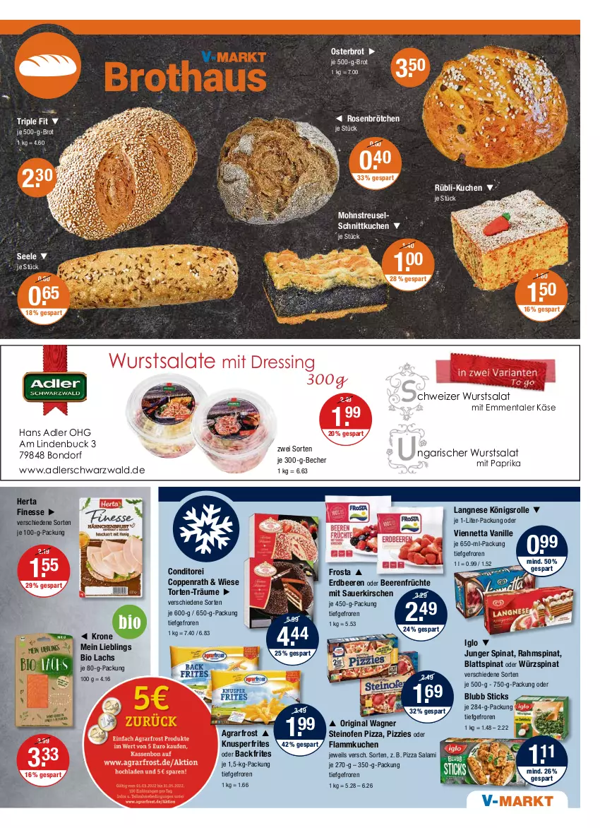 Aktueller Prospekt Vmarkt - V-Markt - von 31.03 bis 06.04.2022 - strona 5 - produkty: agrarfrost, auer, Becher, beere, beeren, bio, blattspinat, brot, brötchen, coppenrath, dressing, emmentaler, erdbeere, erdbeeren, finesse, flammkuchen, frosta, früchte, gin, herta, herta finesse, iglo, je 500-g-brot, Käse, kirsch, kirsche, kirschen, krone, kuchen, lachs, lamm, langnese, mit paprika, Ofen, original wagner, paprika, pizza, rosen, salami, salat, salate, sauerkirschen, spinat, steinofen, steinofen pizza, Ti, torte, vanille, viennetta, wagner, wurst