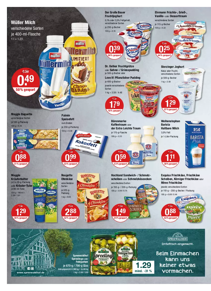 Aktueller Prospekt Vmarkt - V-Markt - von 31.03 bis 06.04.2022 - strona 6 - produkty: auer, baguette, bärenmarke, Bau, Bauer, Becher, braten, butter, dessert, Dr. Oetker, ehrmann, eis, exquisa, exquisa frischkäse, flasche, frischkäse, frucht, früchte, fruchtgrütze, fruchtjoghurt, grütze, gurke, gurken, haltbare milch, hochland, je 250-g-packung, joghur, joghurt, kaffee, Käse, Körniger Frischkäse, kräuter, kräuterbutter, meggle, milch, miree, Müller, natur, oder kräuter, Ofen, Ofenkäse, pudding, rouge, rougette, sahne, sandwich, Schmelzkäse, spreewaldhof, vanille, weihenstephan