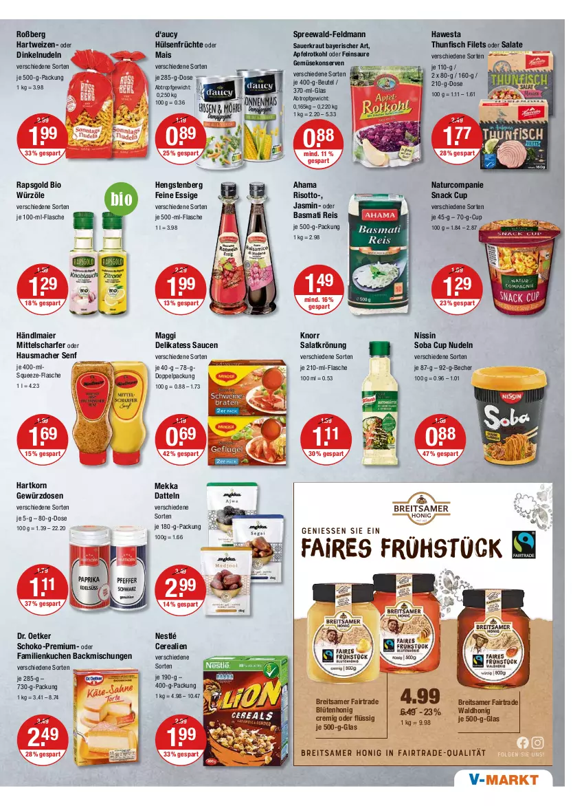 Aktueller Prospekt Vmarkt - V-Markt - von 31.03 bis 06.04.2022 - strona 7 - produkty: apfel, auer, backmischung, Backmischungen, basmati, Basmati Reis, Becher, beutel, bio, Blüte, blütenhonig, Brei, cerealien, Datteln, delikatess sauce, Dr. Oetker, eis, essig, filet, filets, fisch, flasche, früchte, Gemüsekonserve, gewürz, Gewürzdose, hama, händlmaier, hartweizen, Hausmacher, hawesta, hengstenberg, honig, hülsenfrüchte, je 500-ml-flasche, knorr, Konserven, korn, Kraut, kuchen, mac, maggi, mais, natur, nestlé, Nissin, nudel, nudeln, reis, risotto, rotkohl, salat, salate, salatkrönung, sauce, saucen, Sauerkraut, schoko, senf, snack, spreewald-feldmann, thunfisch, thunfisch filets, Ti