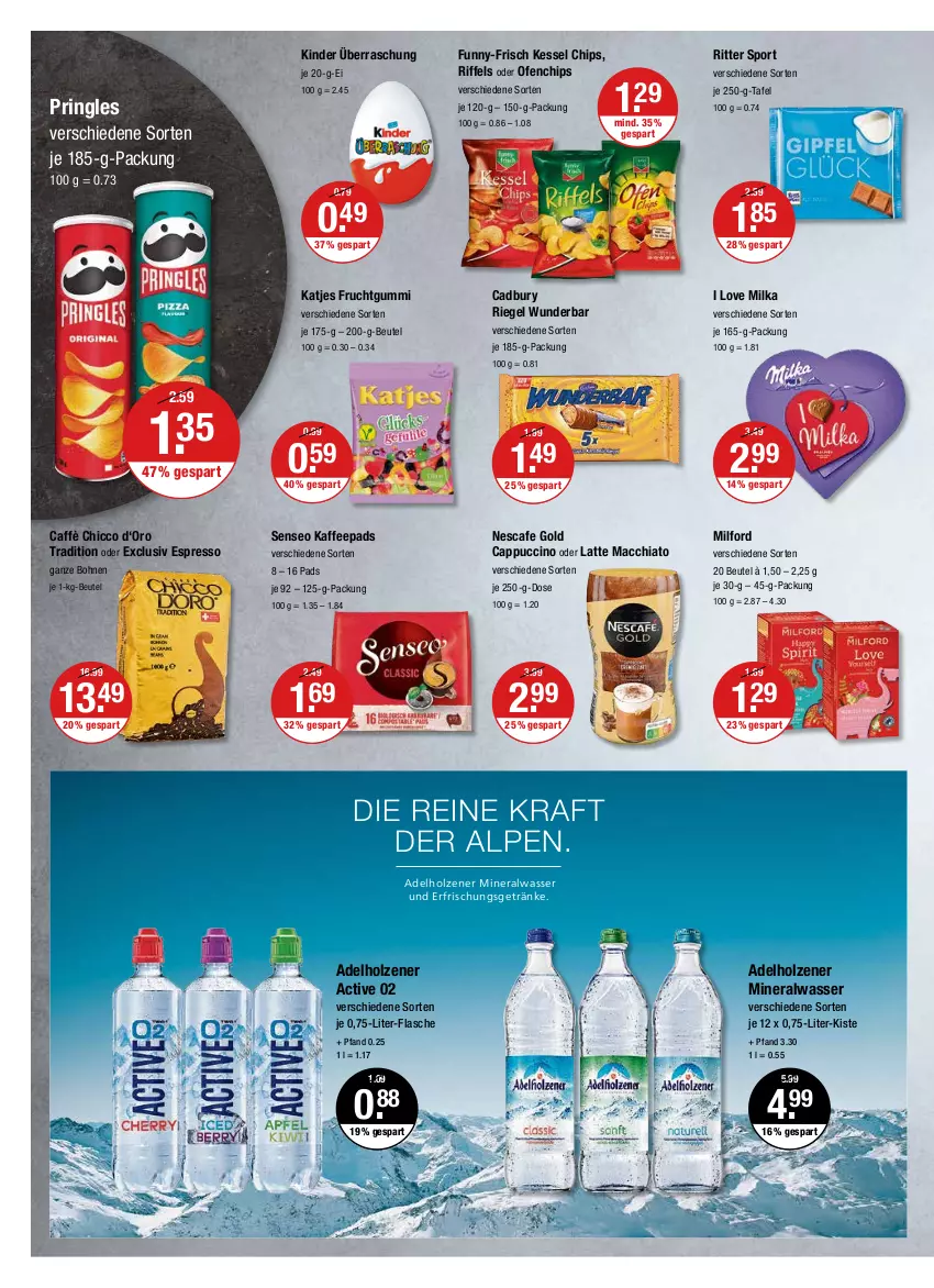 Aktueller Prospekt Vmarkt - V-Markt - von 31.03 bis 06.04.2022 - strona 8 - produkty: ACC, adelholzener, Alwa, beutel, bohne, bohnen, Cap, cappuccino, chia, chips, cin, erfrischungsgetränk, erfrischungsgetränke, espresso, flasche, frucht, fruchtgummi, funny-frisch, getränk, getränke, Holz, kaffee, kaffeepads, katjes, Kinder, kraft, latte, latte macchiato, mac, macchiato, milford, milka, mineralwasser, nescafe, Ofen, pringles, riegel, ring, ritter, ritter sport, senseo, Sport, Ti, wasser