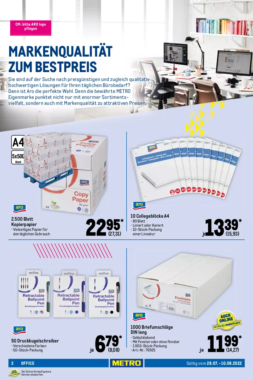 Aktueller Prospekt Metro - Office Spezial - von 28.07 bis 10.08.2022 - strona 2 - produkty: bestpreis, Brei, brie, eis, fenster, kopierpapier, Kugel, kugelschreiber, Metro, office, ordner, papier, prospekthüllen, Rauch, reifen, reis, textmarker, Ti