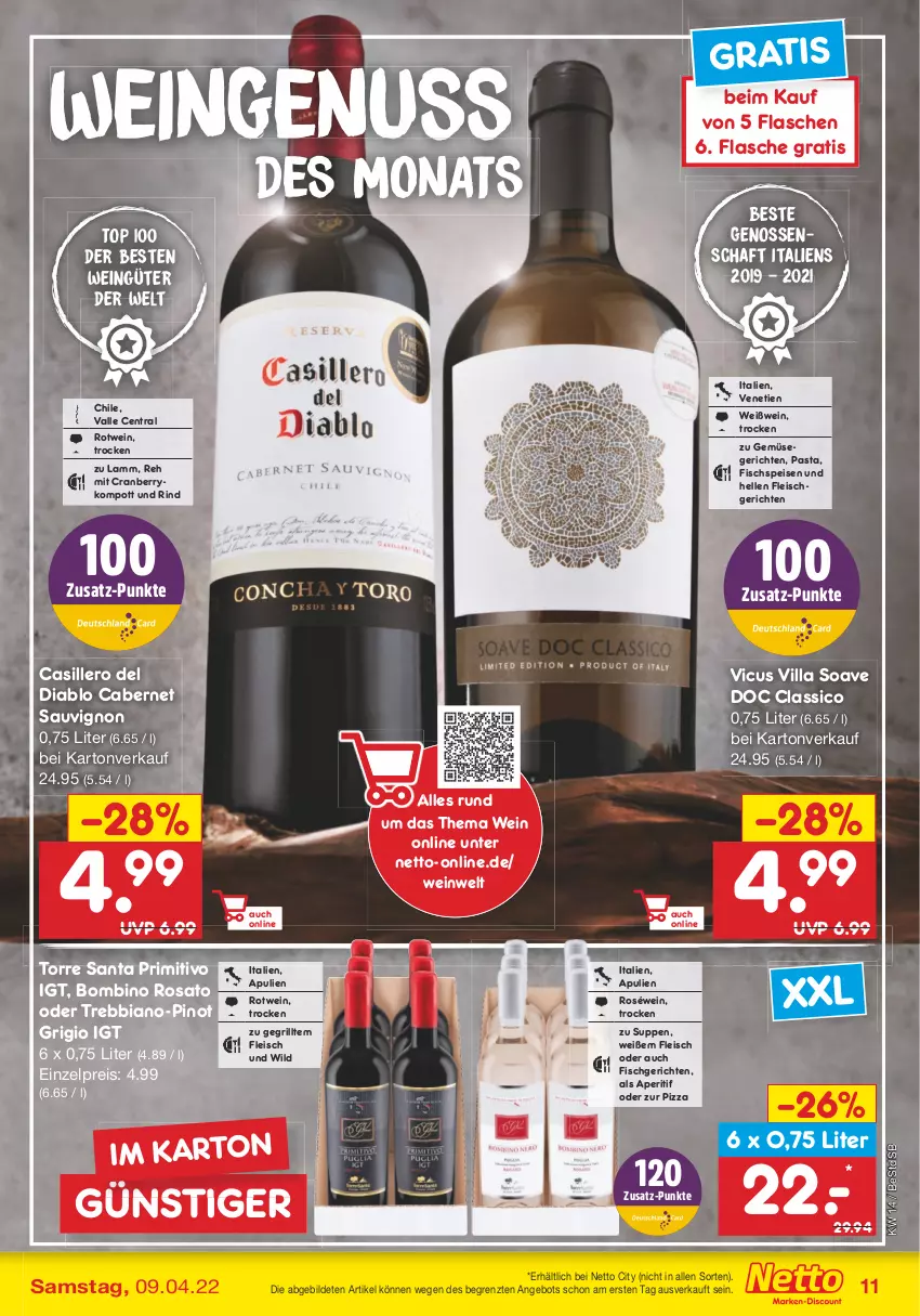 Aktueller Prospekt Netto Marken-Discount - Filial-Angebote - von 04.04 bis 09.04.2022 - strona 11 - produkty: angebot, aperitif, cabernet, cabernet sauvignon, classico, cranberry, eis, elle, fisch, flasche, fleisch, grill, lamm, nuss, pasta, Pinot, pinot grigio, pizza, primitivo, reis, rind, rosato, roséwein, rotwein, sauvignon, suppe, suppen, Ti, wein, Weißwein, Wild, ZTE