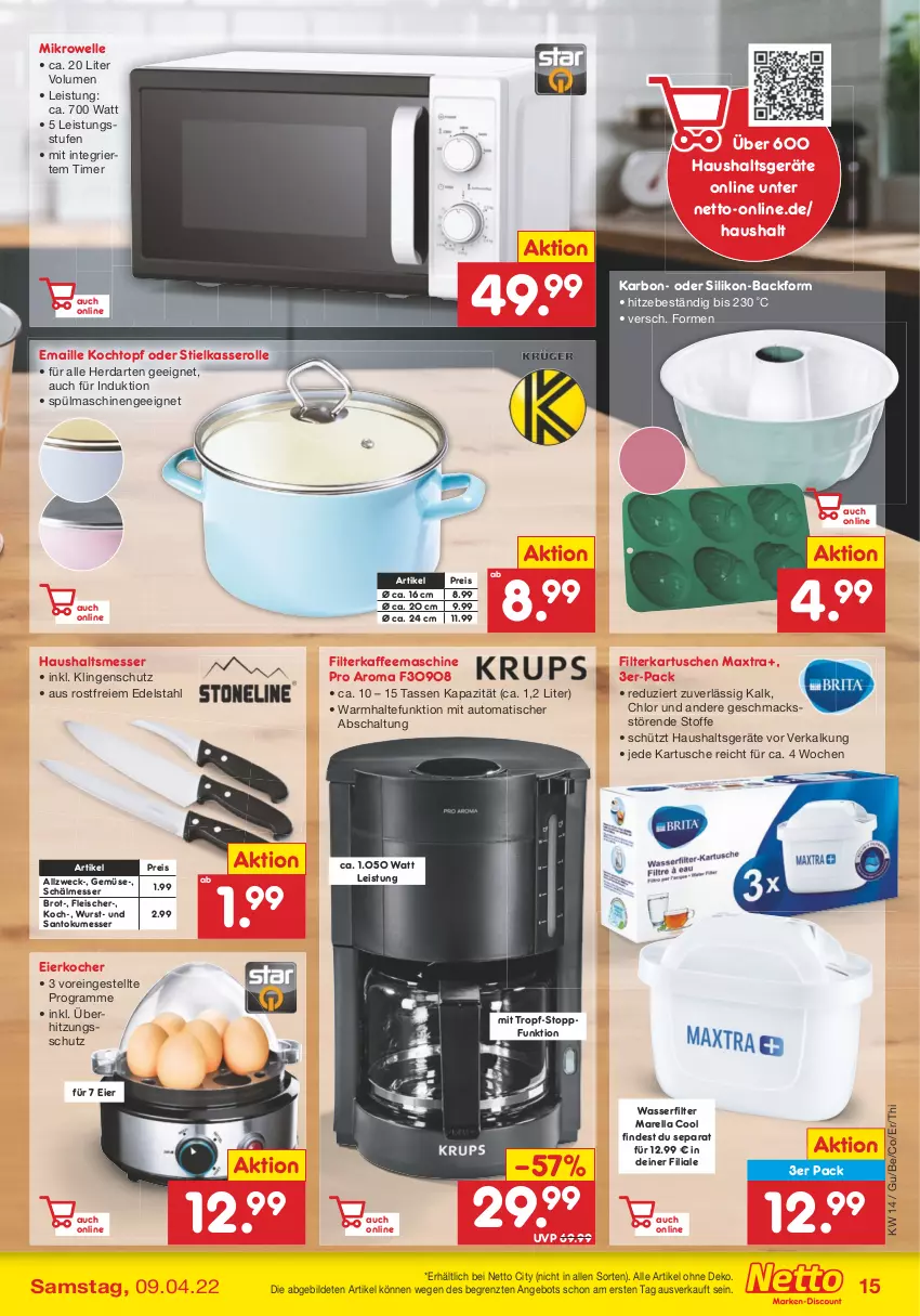 Aktueller Prospekt Netto Marken-Discount - Filial-Angebote - von 04.04 bis 09.04.2022 - strona 15 - produkty: angebot, auto, Backform, brot, edelstahl, eier, Eierkocher, eis, elle, filterkaffee, filterkartuschen, fleisch, Haushaltsgeräte, herdarten, kaffee, kaffeemaschine, Kocher, Kochtopf, mac, maille, Maxtra, messer, mikrowelle, reis, rel, Schal, spülmaschinen, stielkasserolle, tasse, Ti, timer, tisch, topf, überhitzungsschutz, wasser, wasserfilter, wasserfilter marella, weck, wurst, ZTE