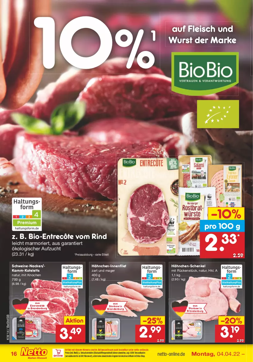 Aktueller Prospekt Netto Marken-Discount - Filial-Angebote - von 04.04 bis 09.04.2022 - strona 16 - produkty: bio, eis, entrecôte, filet, fleisch, hähnchen-schenkel, henkel, kotelett, natur, ndk, reis, rind, schenkel, schwein, schweine, Ti, versandkostenfrei, wein, weine, wurst