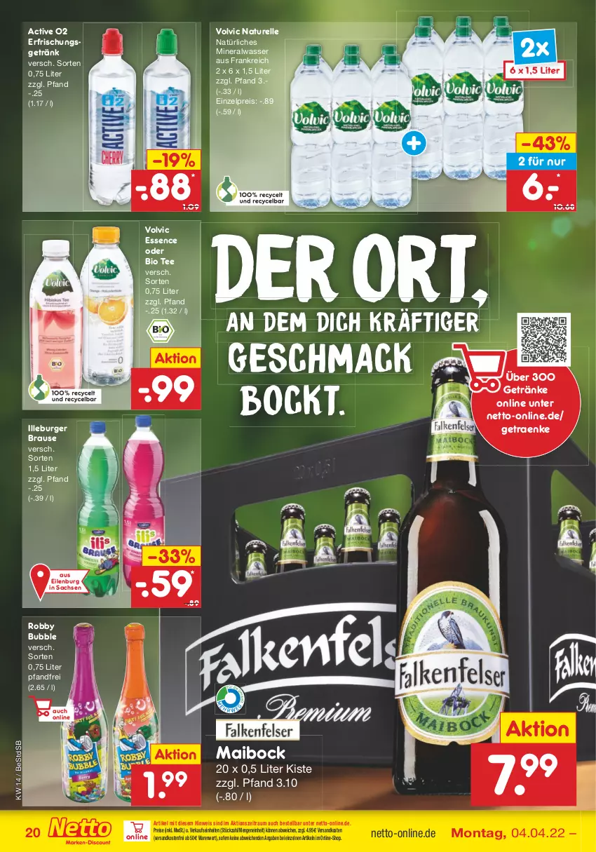 Aktueller Prospekt Netto Marken-Discount - Filial-Angebote - von 04.04 bis 09.04.2022 - strona 20 - produkty: Alwa, bio, brause, burger, eis, elle, erfrischungsgetränk, getränk, getränke, mac, mineralwasser, natur, natürliches mineralwasser, ndk, reis, rel, robby, sac, tee, Ti, versandkostenfrei, volvic, wasser