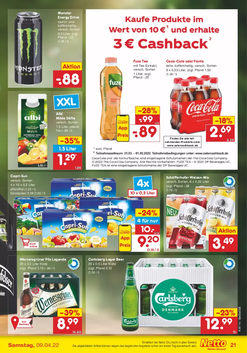 Aktueller Prospekt Netto Marken-Discount - Filial-Angebote - von 04.04 bis 09.04.2022 - strona 21 - produkty: angebot, Cap, capri-sun, carlsberg, coca-cola, cola, drink, eis, energy drink, fanta, fuze tea, monster, Monster Energy, pils, reis, sac, säfte, schöfferhofer, tee, Ti, ZTE