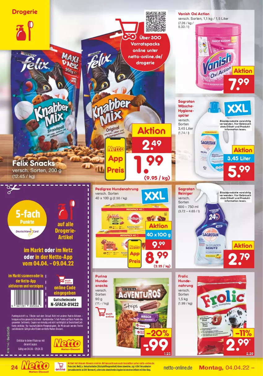 Aktueller Prospekt Netto Marken-Discount - Filial-Angebote - von 04.04 bis 09.04.2022 - strona 24 - produkty: bio, biozidprodukte, coupon, deutschlandcard, discount, eis, erde, felix, frolic, gutschein, hundenahrung, hundesnack, hundesnacks, hygienespüler, marken-discount, ndk, oxi action, pedigree, purina, Rauch, reiniger, reis, rwe, sagrotan, snack, snacks, Ti, vanish, vanish oxi action, versandkostenfrei