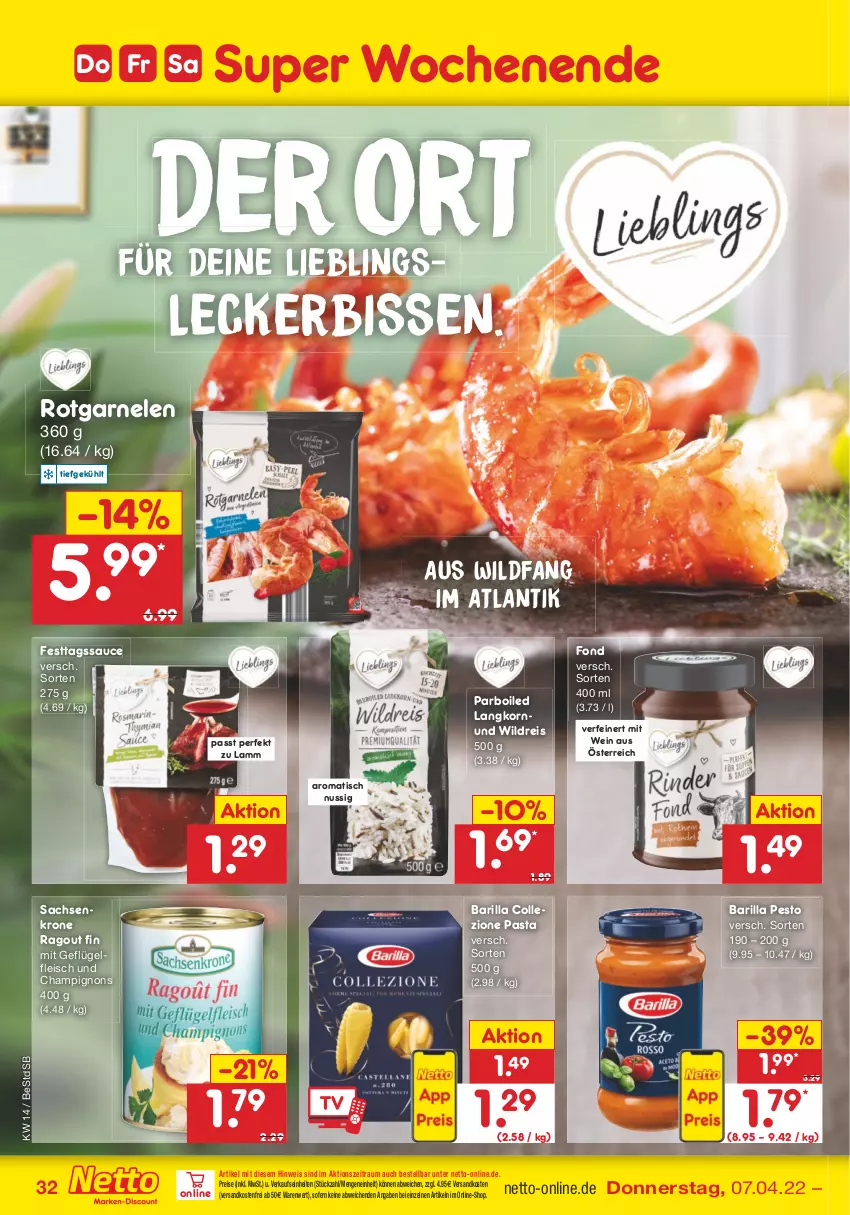 Aktueller Prospekt Netto Marken-Discount - Filial-Angebote - von 04.04 bis 09.04.2022 - strona 32 - produkty: barilla, champignon, champignons, eis, fleisch, garnelen, Geflügel, korn, krone, lamm, ndk, nuss, pasta, pesto, Ragout, reis, sac, sauce, Ti, tisch, versandkostenfrei, wein, Wild