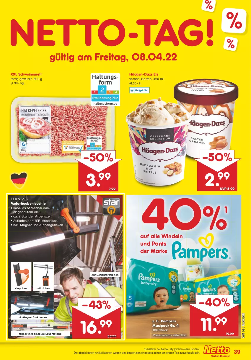 Aktueller Prospekt Netto Marken-Discount - Filial-Angebote - von 04.04 bis 09.04.2022 - strona 39 - produkty: akku, angebot, Bau, eis, gewürz, häagen-dazs, Leuchte, Mett, pampers, Pants, reifen, reis, schwein, schweine, schweinemett, Ti, usb, wein, weine, windeln, ZTE