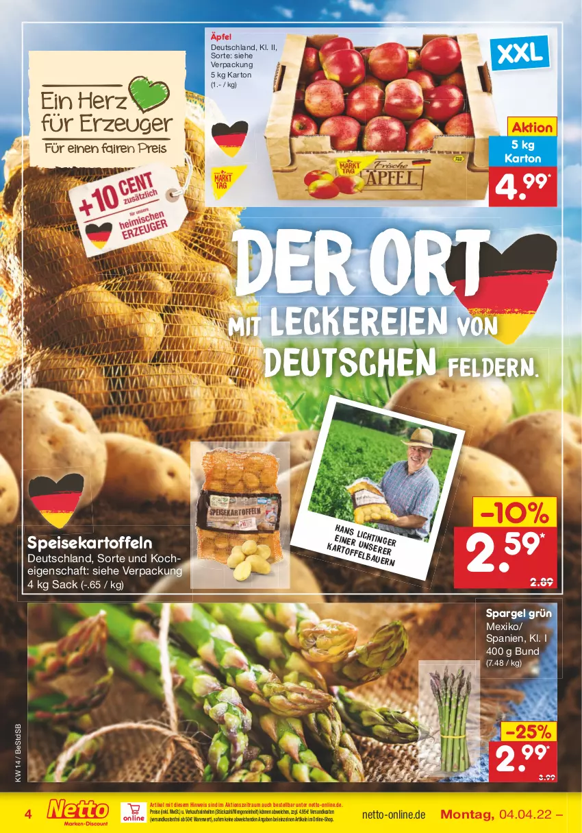 Aktueller Prospekt Netto Marken-Discount - Filial-Angebote - von 04.04 bis 09.04.2022 - strona 4 - produkty: eis, kartoffel, kartoffeln, ndk, reis, sac, spargel, spargel grün, speisekartoffeln, Ti, versandkostenfrei