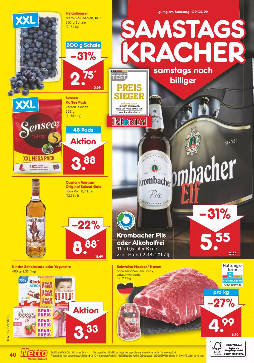 Aktueller Prospekt Netto Marken-Discount - Filial-Angebote - von 04.04 bis 09.04.2022 - strona 40 - produkty: alkohol, angebot, angebote, beere, beeren, Cap, captain morgan, discount, gin, heidelbeere, heidelbeeren, Holz, kaffee, Kinder, kinder schokolade, kracher, krombache, krombacher, krombacher pils, marken-discount, oder yogurette, original spiced gold, pils, Schal, Schale, schoko, schokolade, schwein, schweine, senseo, Ti, uhr, wein, weine, Yo, yogurette, ZTE