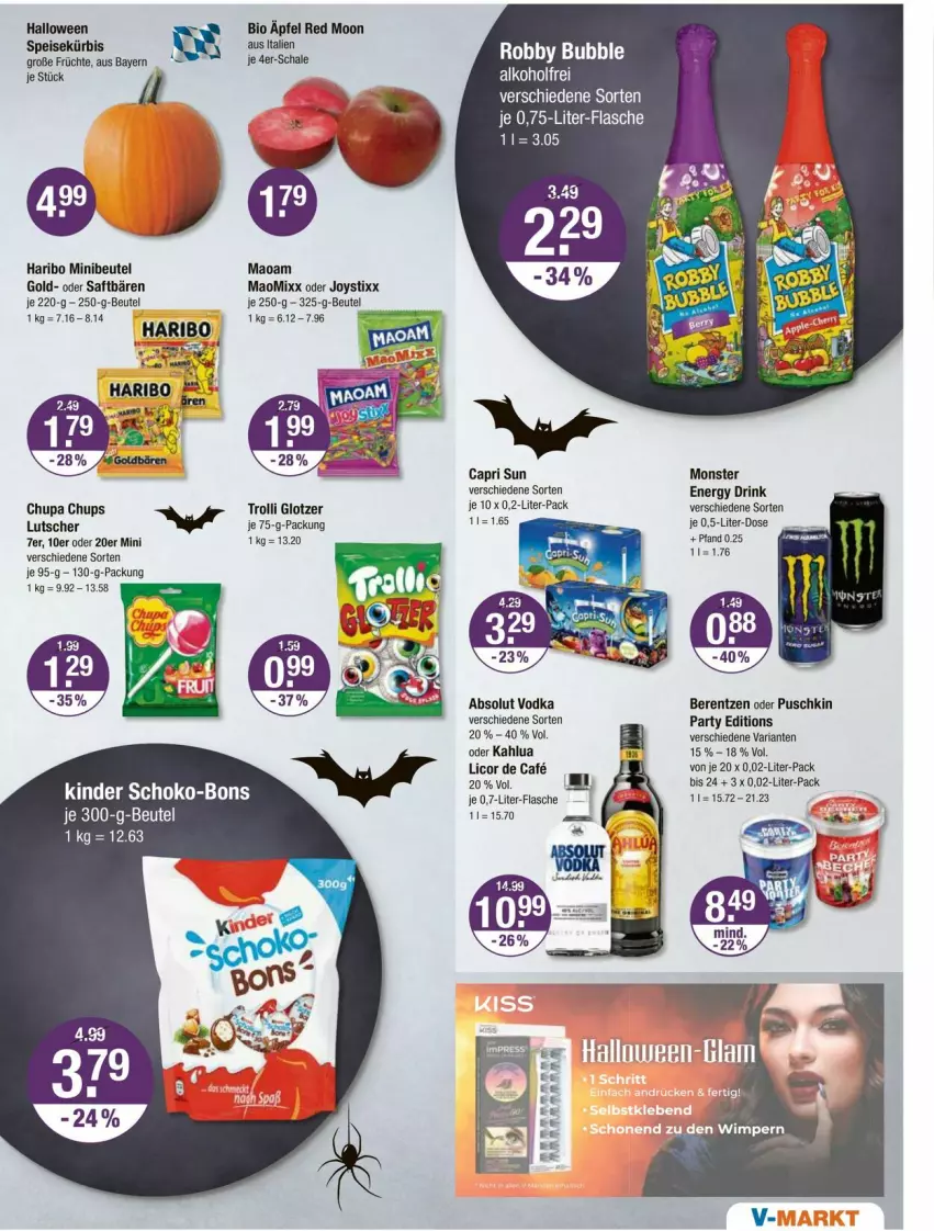 Aktueller Prospekt Vmarkt - Prospekte - von 23.10 bis 29.10.2025 - strona 13 - produkty: Absolut Vodka, berentzen, beutel, bio, Cap, chupa, chupa chups, drink, eis, energy drink, flasche, früchte, haribo, Kinder, Kürbis, licor, Lutscher, maoam, monster, Monster Energy, Ria, robby, saft, Schal, Schale, schoko, schoko-bons, Ti, trolli, vodka