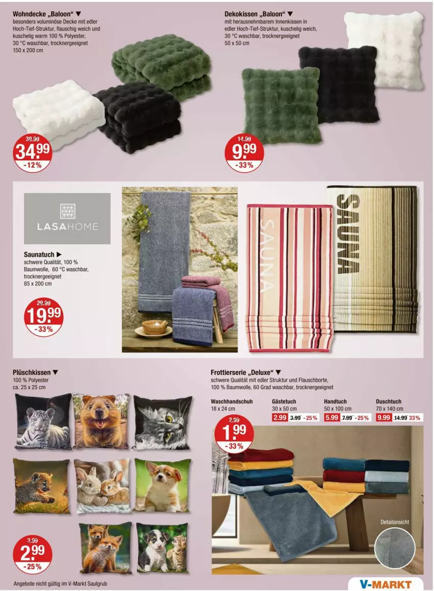 Aktueller Prospekt Vmarkt - Prospekte - von 23.10 bis 29.10.2025 - strona 21 - produkty: angebot, angebote, Bau, baumwolle, decke, dekokissen, duschtuch, Ergee, gästetuch, handtuch, kissen, LG, Plüsch, Saunatuch, Ti, Trockner, tuc, waschhandschuh, wolle