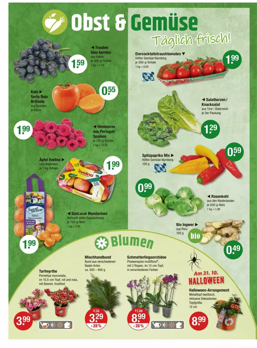 Aktueller Prospekt Vmarkt - Prospekte - von 23.10 bis 29.10.2025 - strona 4 - produkty: beere, beeren, bio, blume, blumen, cocktail, cocktails, eier, ingwer, Mett, orchidee, paprika, paprika mix, phalaenopsis, Rauch, rosen, Rosenkohl, salat, salatherzen, Schal, Schale, Schmetterling, schmetterlingsorchidee, Spitzpaprika, strauchtomaten, Ti, tomate, tomaten, topf
