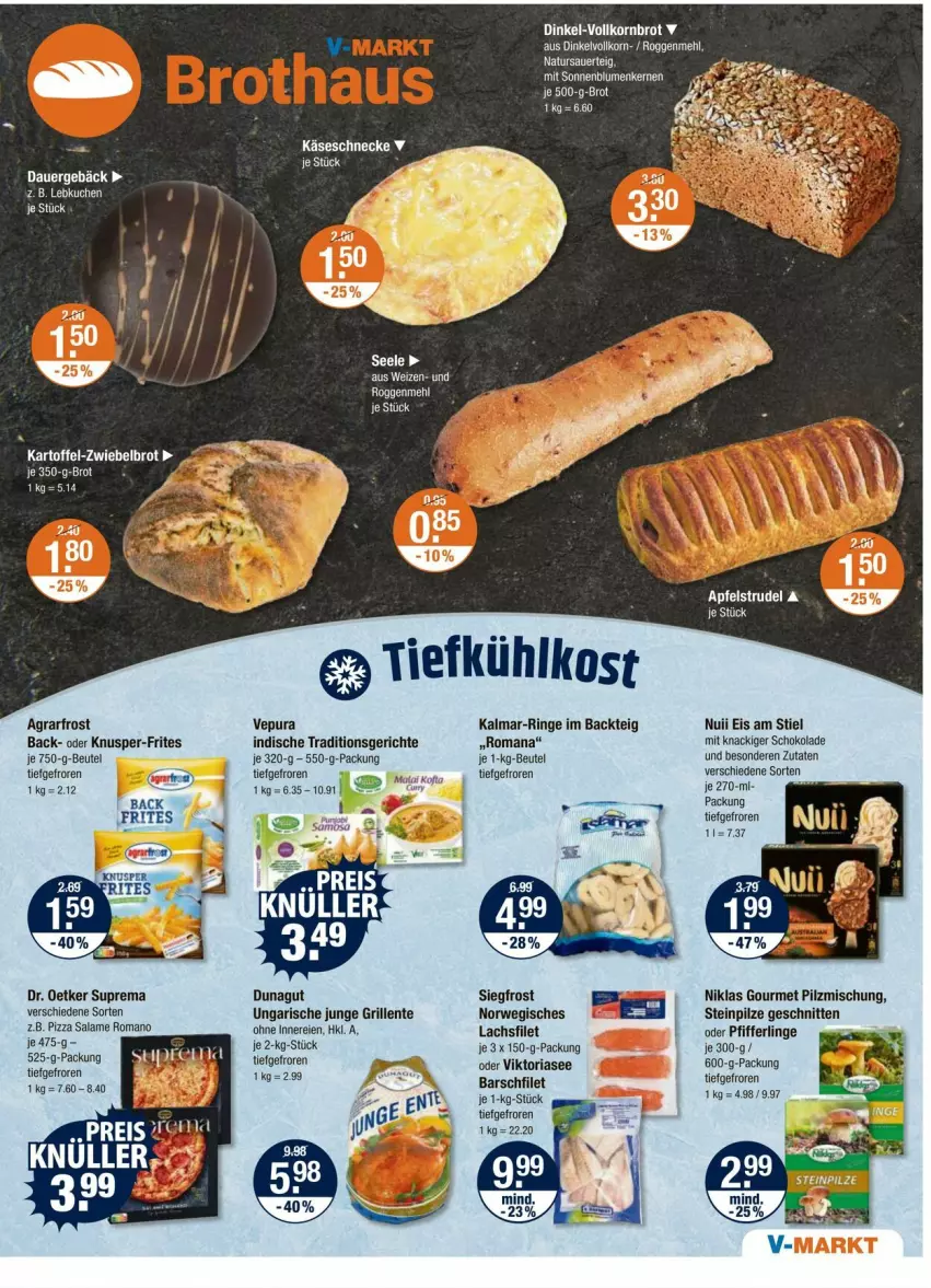 Aktueller Prospekt Vmarkt - Prospekte - von 23.10 bis 29.10.2025 - strona 5 - produkty: agrarfrost, auer, beutel, brot, Dr. Oetker, eis, ente, filet, grill, kartoffel, Käse, Käseschnecke, korn, Kornbrot, lachs, lachsfilet, mehl, natur, nuii, Pfifferlinge, pilze, Pilzmischung, pizza, pizza salame, Ria, ring, rwe, salame romano, schnitten, schoko, schokolade, Steinpilze, Ti, vollkornbrot, zwiebel