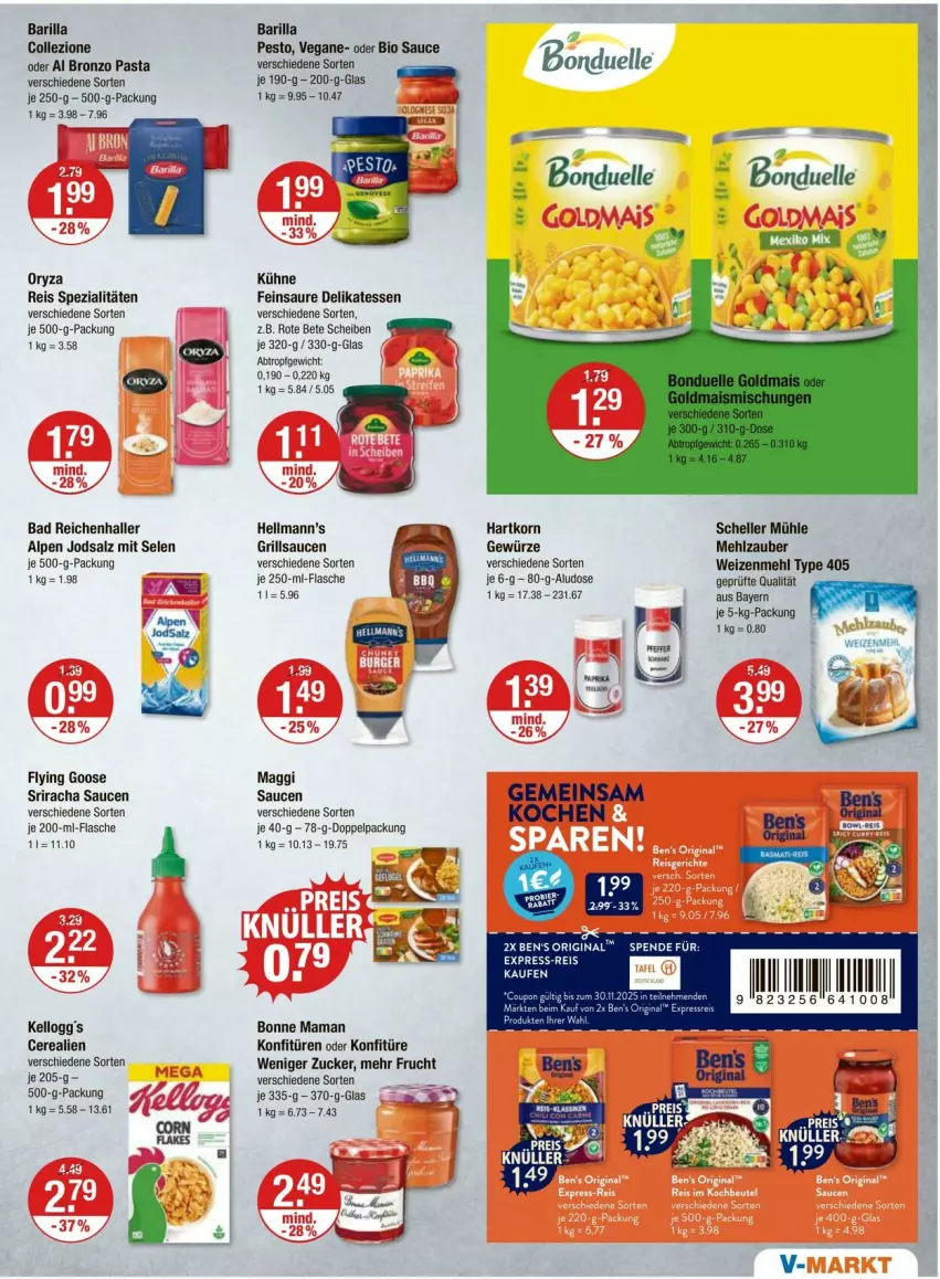 Aktueller Prospekt Vmarkt - Prospekte - von 23.10 bis 29.10.2025 - strona 7 - produkty: Bad, barilla, bio, bonne maman, cerealien, eis, elle, flasche, frucht, gewürz, gin, grill, grillsauce, konfitüre, konfitüren, korn, Kühne, maggi, mam, mehl, oryza, pasta, pesto, reis, rote bete, salz, sauce, saucen, Spezi, Sriracha, type 405, weizenmehl, zucker