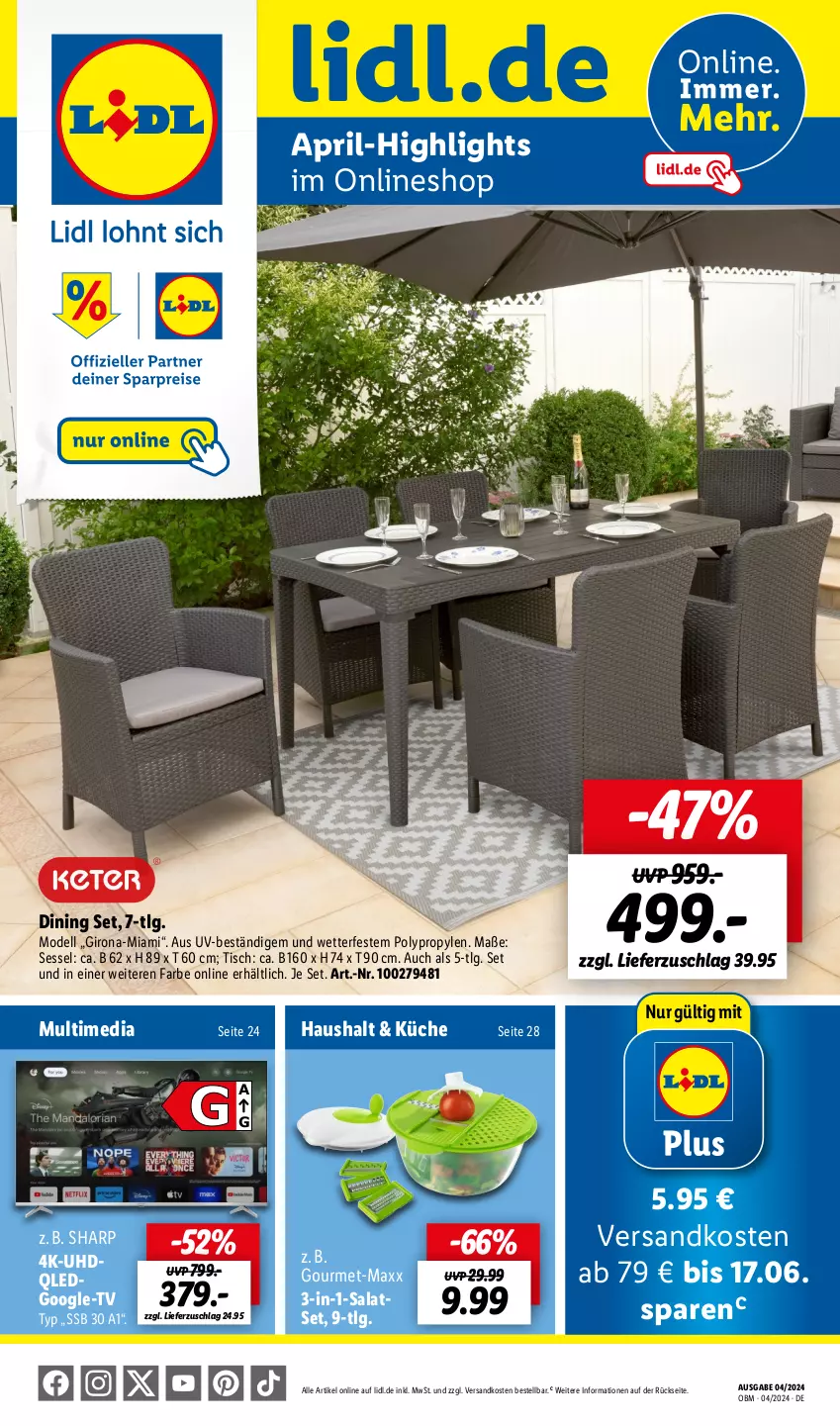 Aktueller Prospekt Lidl - Aktuelle Onlineshop-Highlights - von 01.04 bis 30.04.2024 - strona 1 - produkty: dell, küche, LG, Mode, ndk, pril, qled, salat, sessel, Sharp, Ti, tisch, uhd