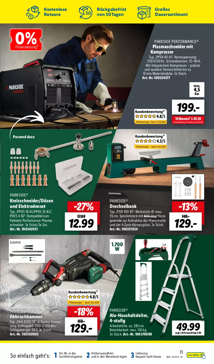 Aktueller Prospekt Lidl - Aktuelle Onlineshop-Highlights - von 01.04 bis 30.04.2024 - strona 11 - produkty: Abbruchhammer, auer, Bank, eis, Elektro, kompressor, korb, Parkside, Plasmaschneider, reis, reiss, Ria, Ti